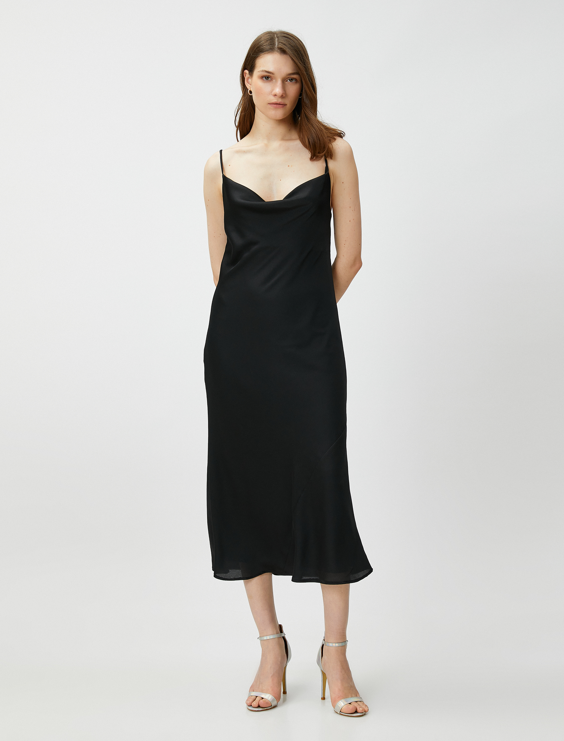 Saten Midi Abiye Elbise Degaje Yaka