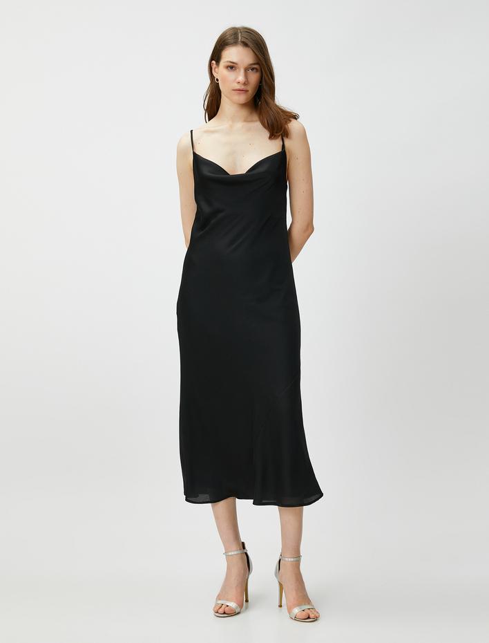  Saten Midi Abiye Elbise Degaje Yaka