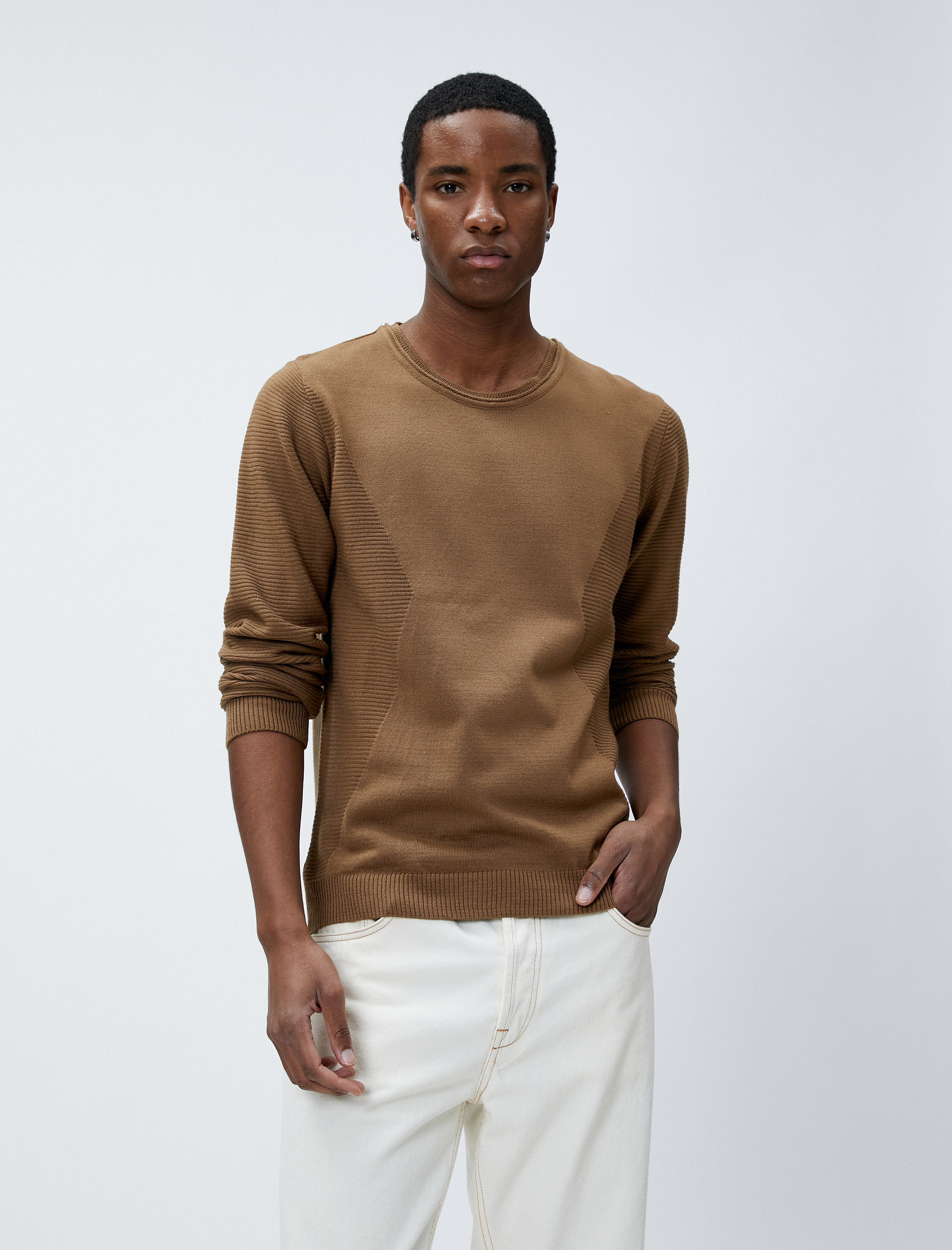   Basic Kazak Bisiklet Yaka Slim Fit Uzun Kollu Dokulu