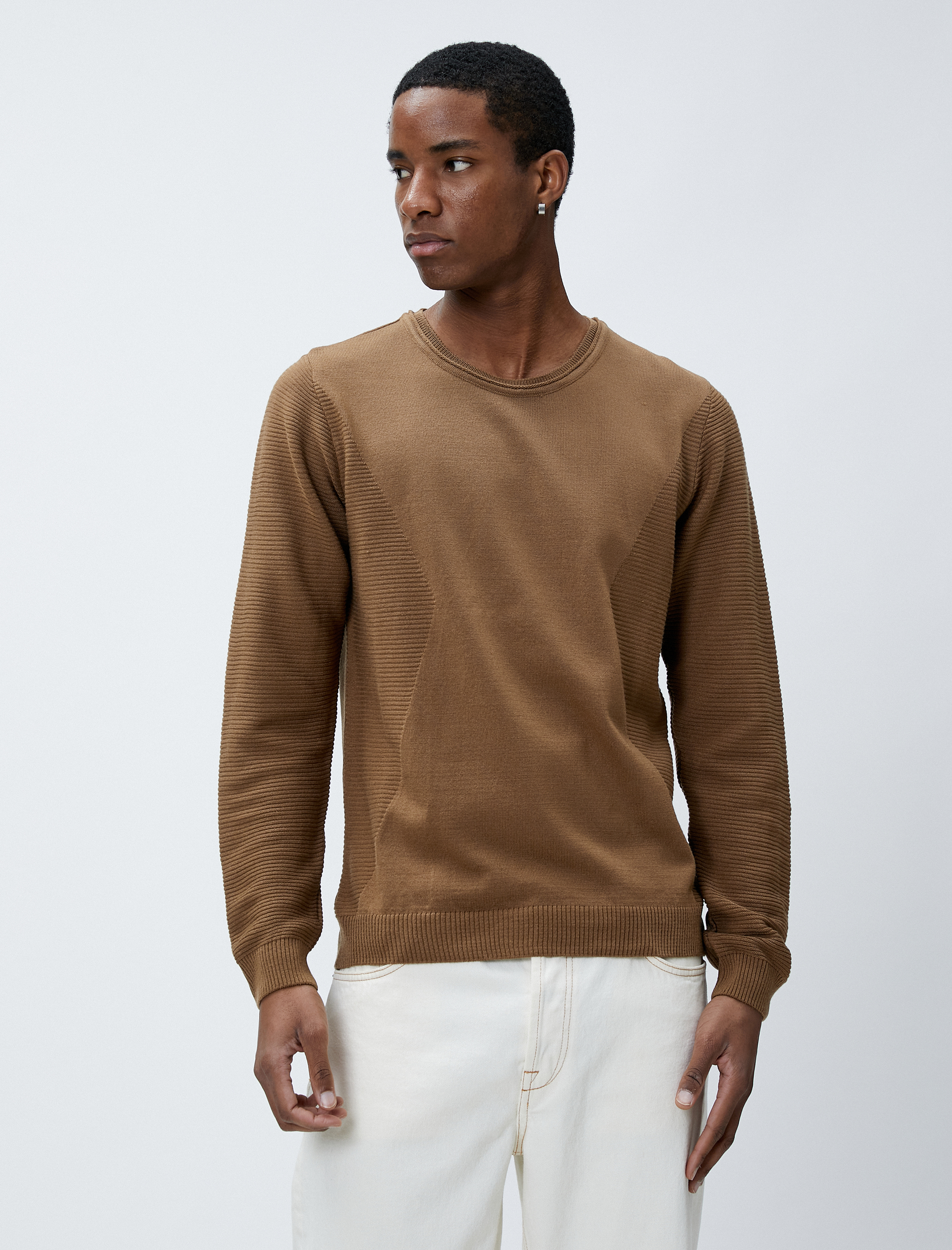   Basic Kazak Bisiklet Yaka Slim Fit Uzun Kollu Dokulu