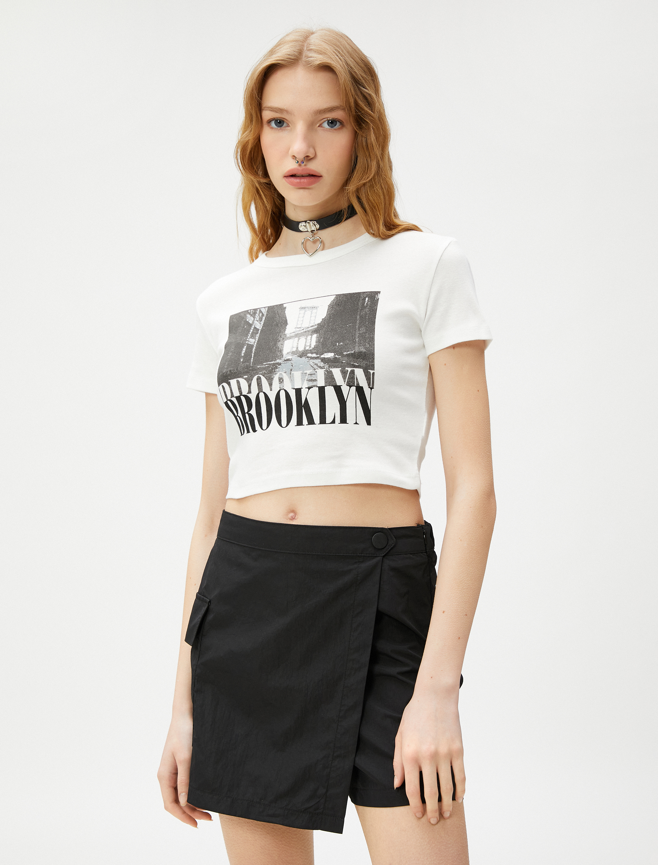   Crop Tişört Baskılı Bisiklet Yaka Kısa Kollu Pamuklu