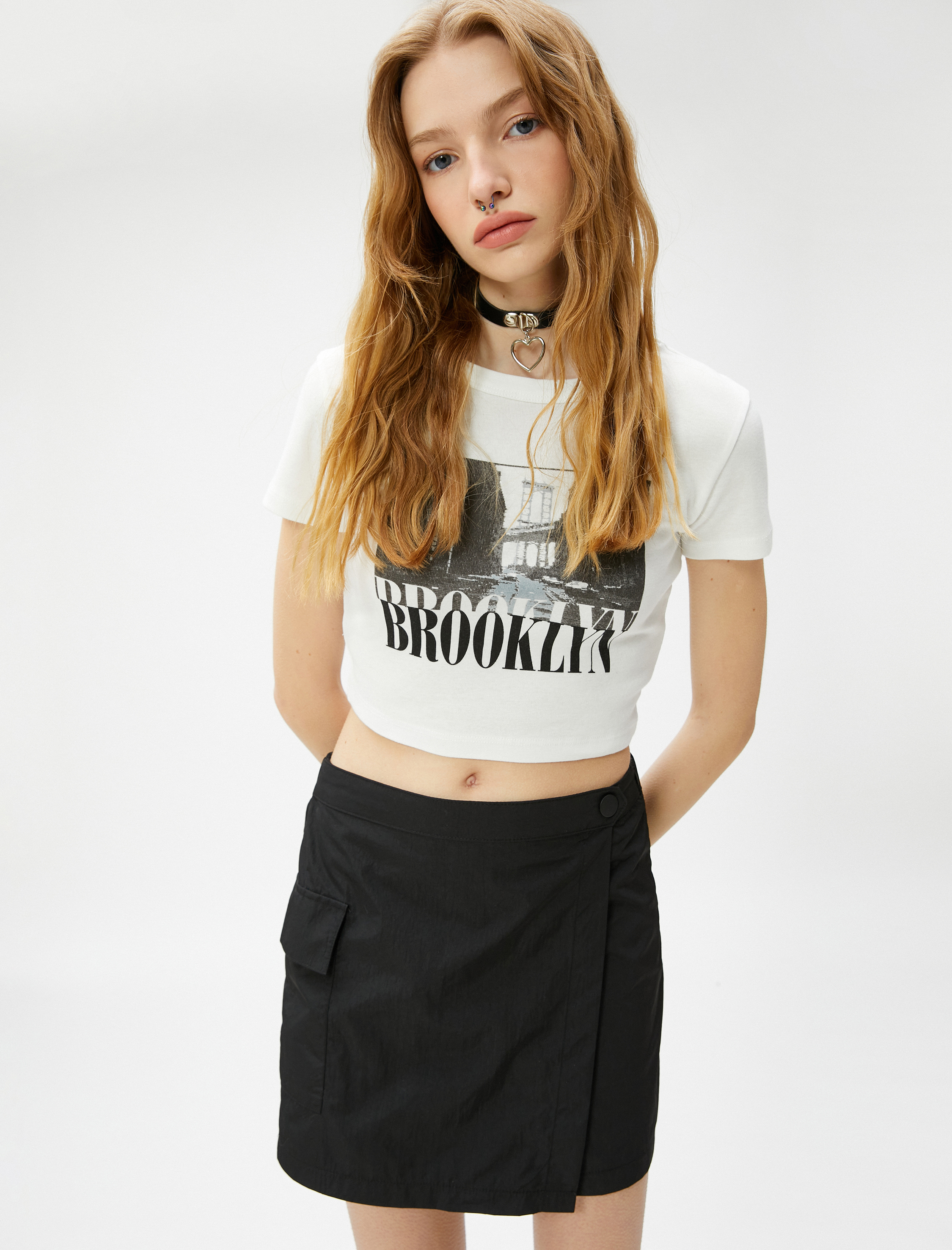   Crop Tişört Baskılı Bisiklet Yaka Kısa Kollu Pamuklu