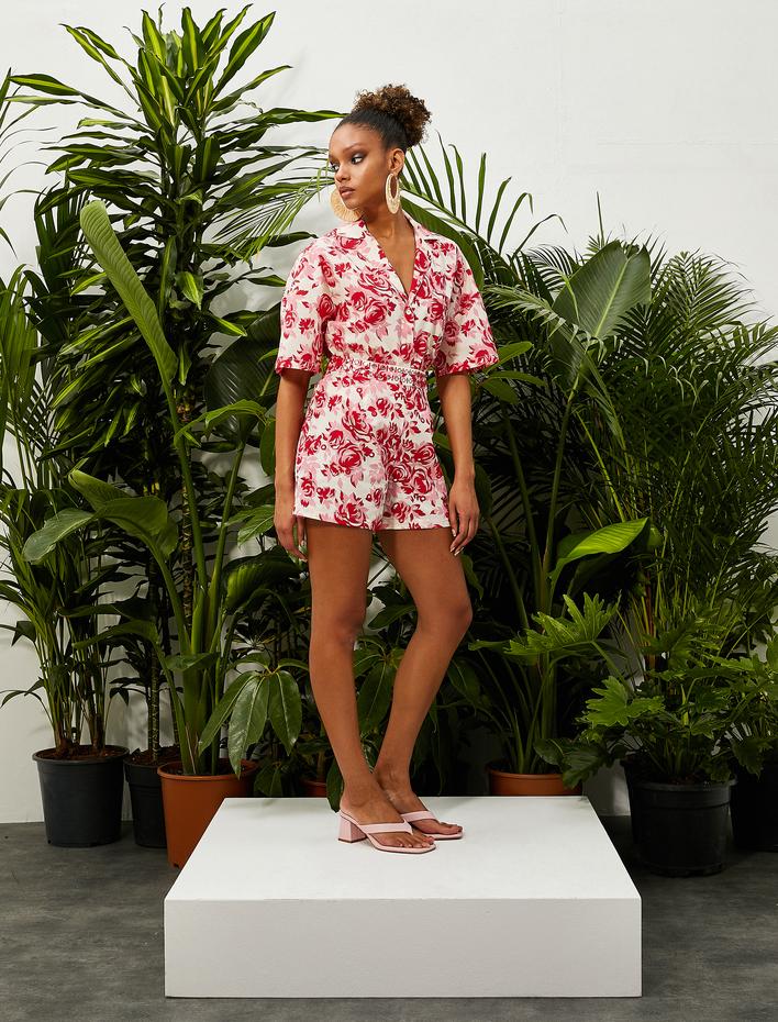  Çiçekli Pamuklu Şort Bel Detaylı