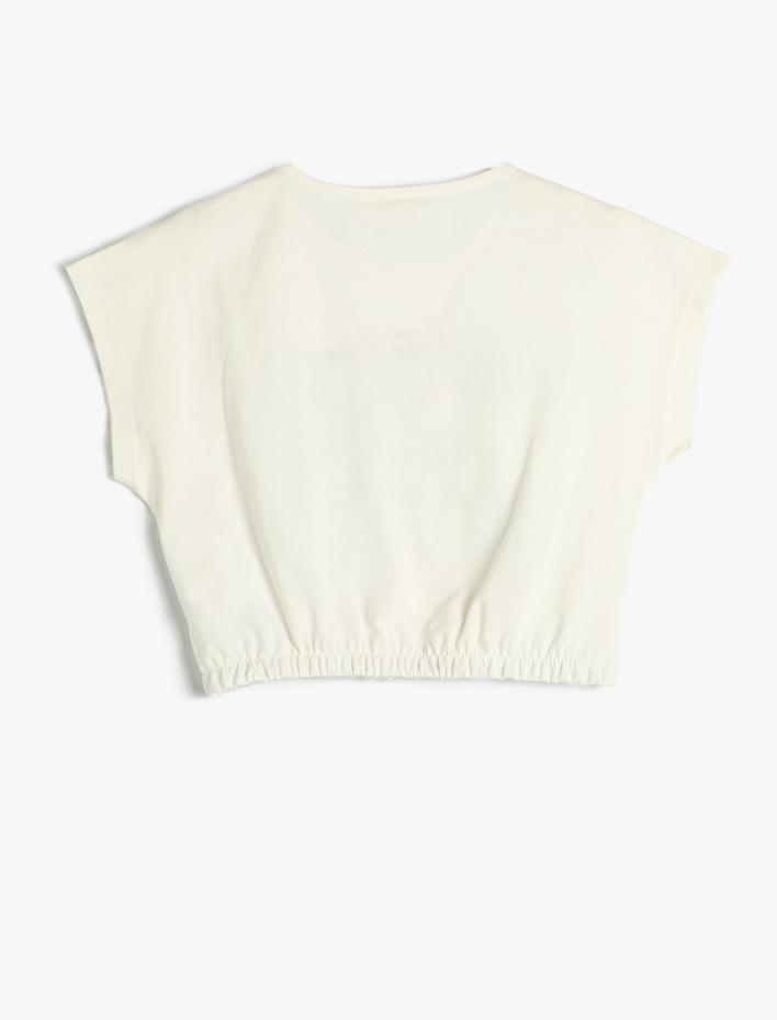 Kız Çocuk Crop Oversize Tişört Yaz Temalı Baskılı Pul Payet İşlemeli Kısa Kollu