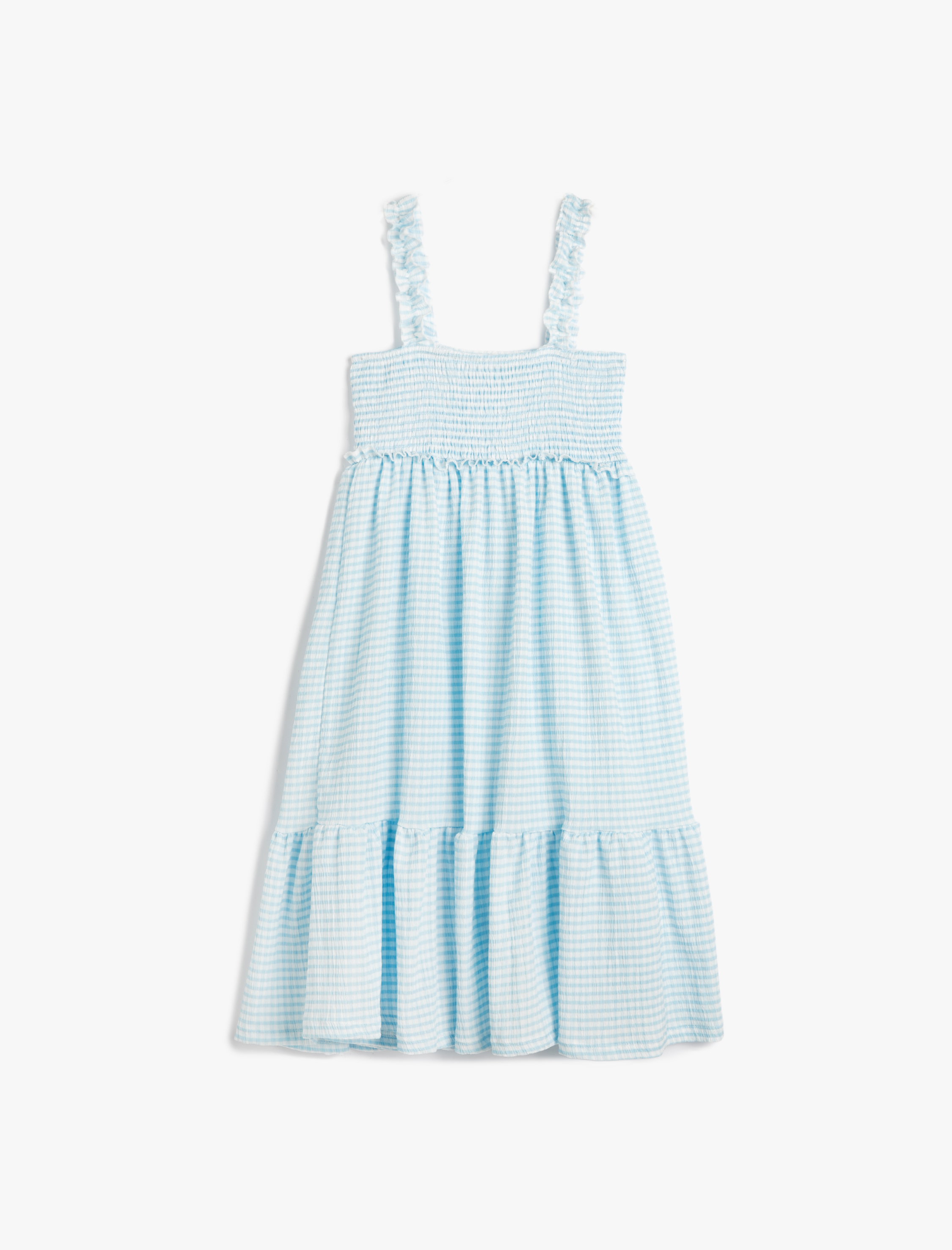  Kız Çocuk Elbise Midi Askılı Gipe Detaylı Kareli Rahat Kesim