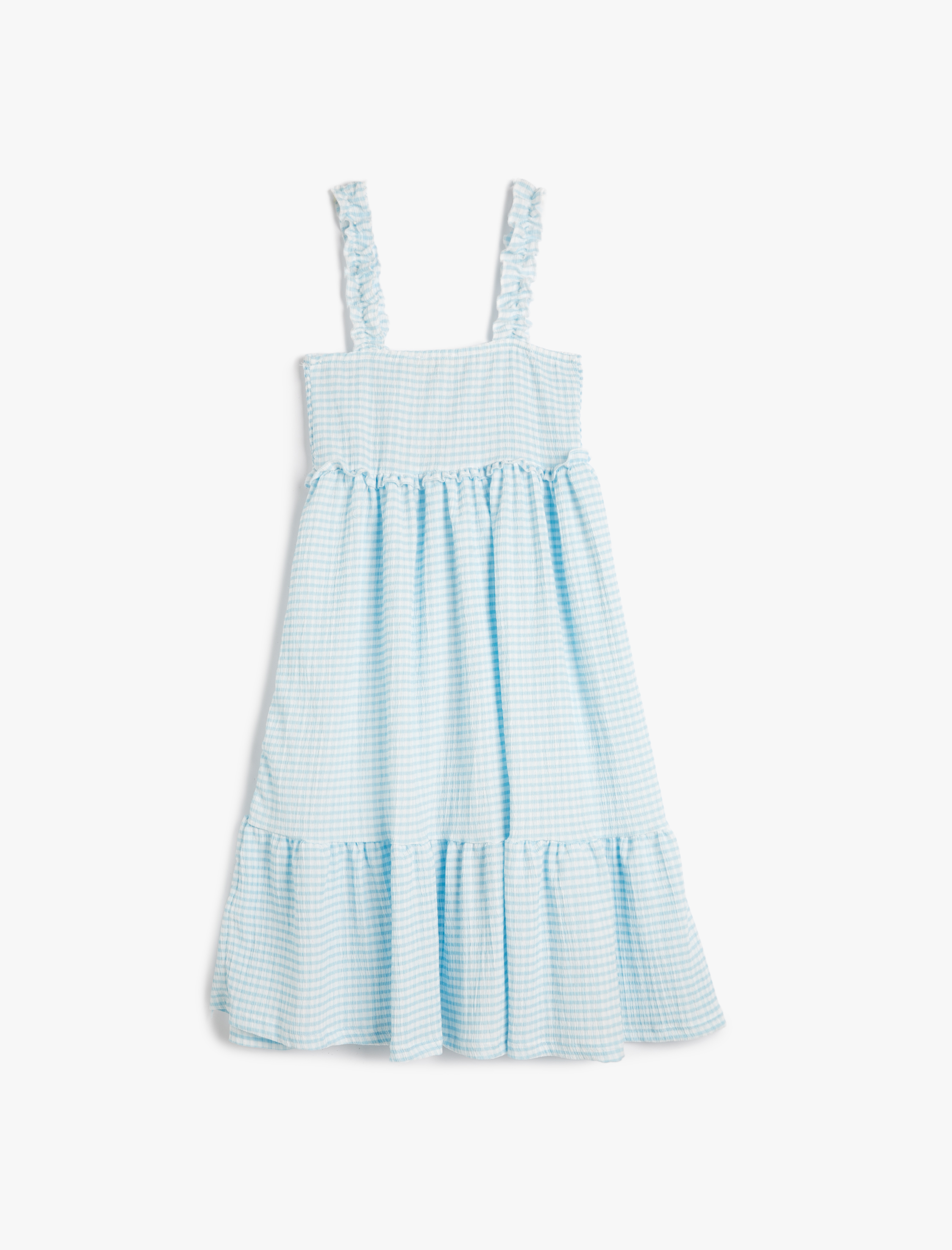  Kız Çocuk Elbise Midi Askılı Gipe Detaylı Kareli Rahat Kesim