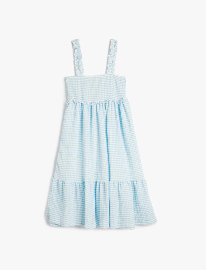 Kız Çocuk Elbise Midi Askılı Gipe Detaylı Kareli Rahat Kesim