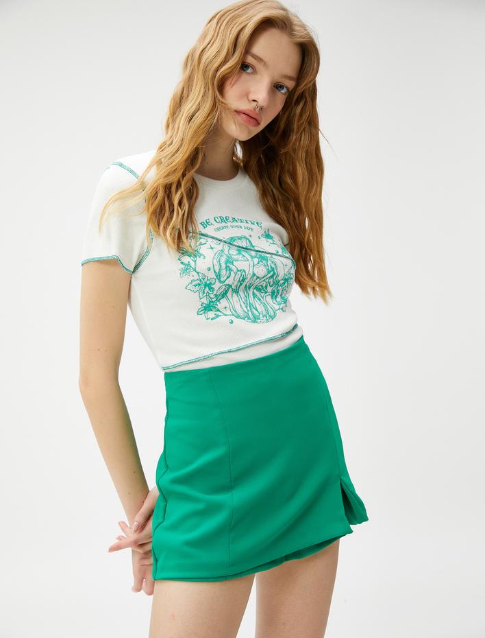  Crop Tişört Baskılı Fitilli Bisiklet Yaka Kısa Kollu