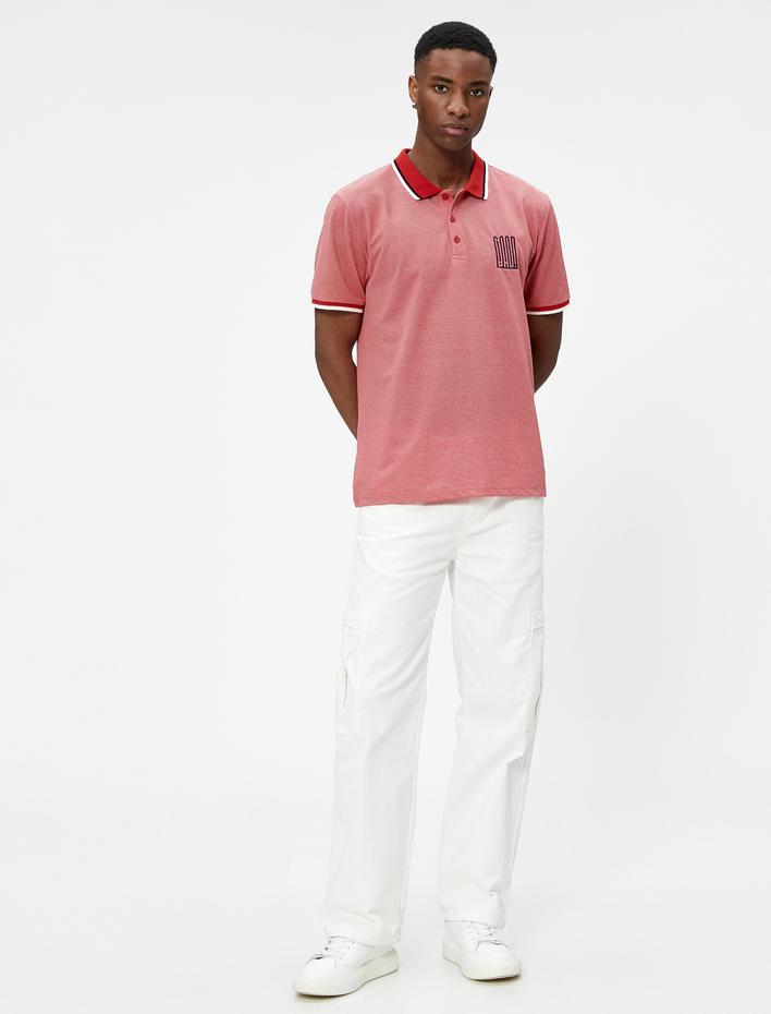  Polo Yaka Tişört Düğmeli Slogan İşlemeli Dar Kesim Kısa Kollu