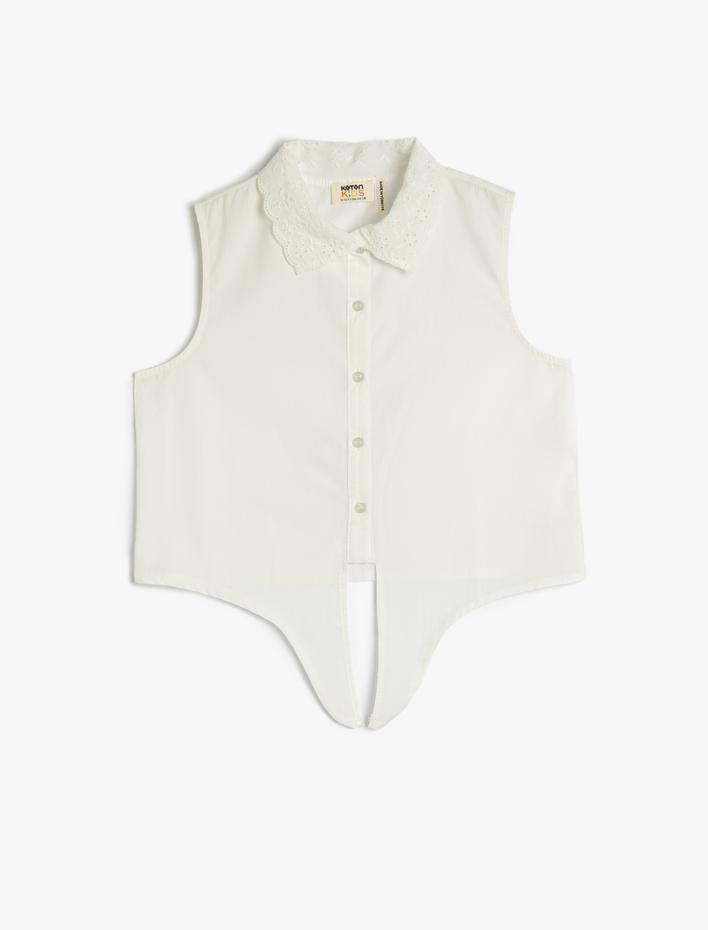 Kız Çocuk Crop Gömlek Önden Bağlama Detaylı Kolsuz Yakası İşlemeli