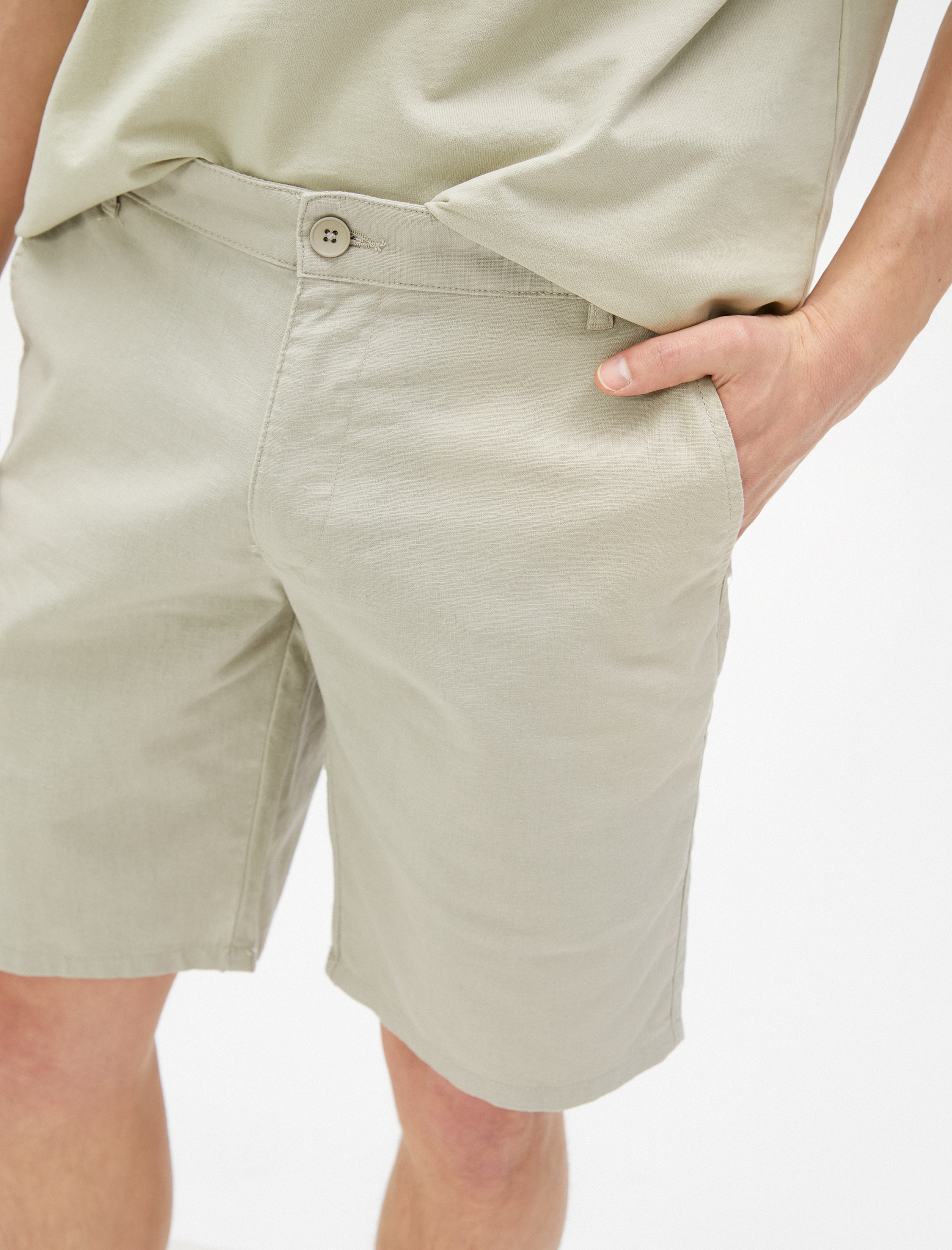 Bermuda Şort Keten Karışımlı Cep Detaylı Düğmeli