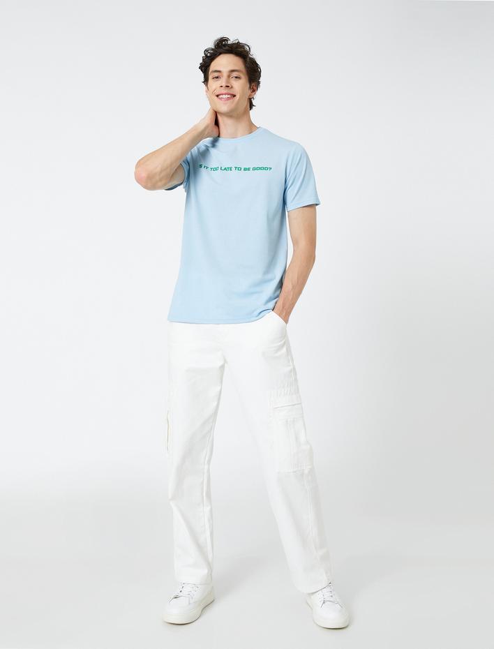  Slogan Baskılı Tişört Bisiklet Yaka Kısa Kollu Dar Kesim