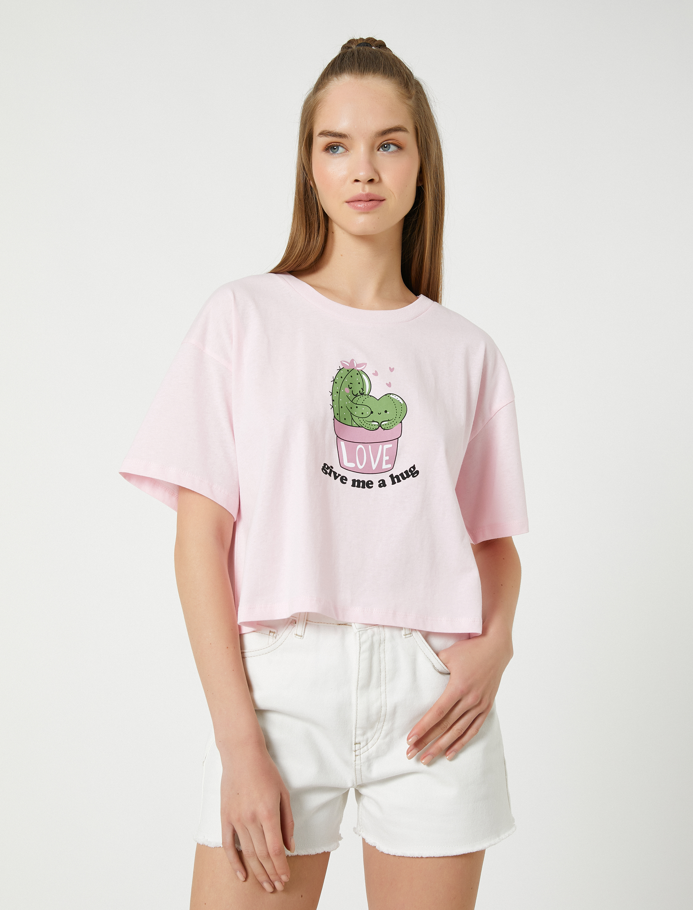   Crop Tişört Baskılı Bisiklet Yaka Kısa Kollu