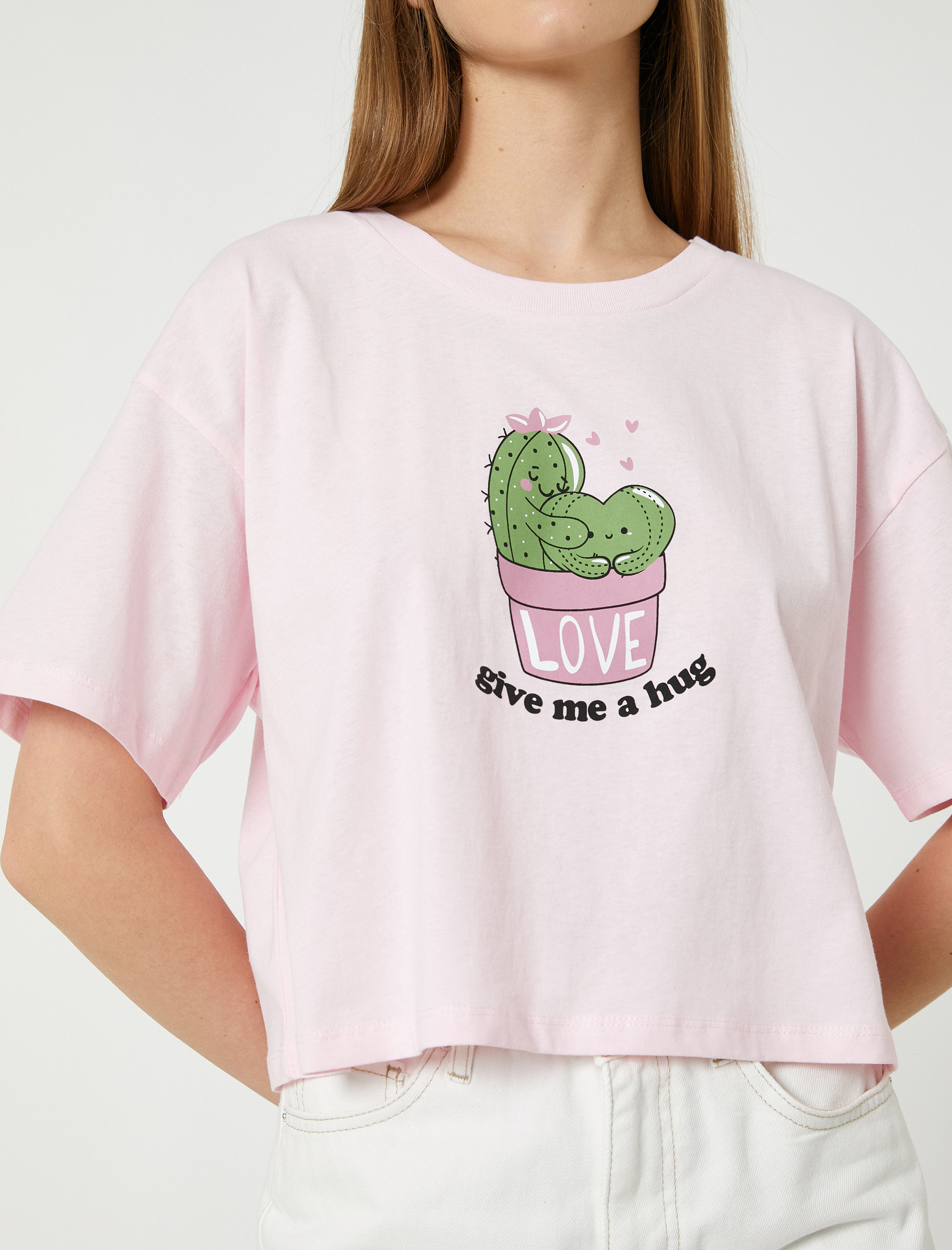   Crop Tişört Baskılı Bisiklet Yaka Kısa Kollu