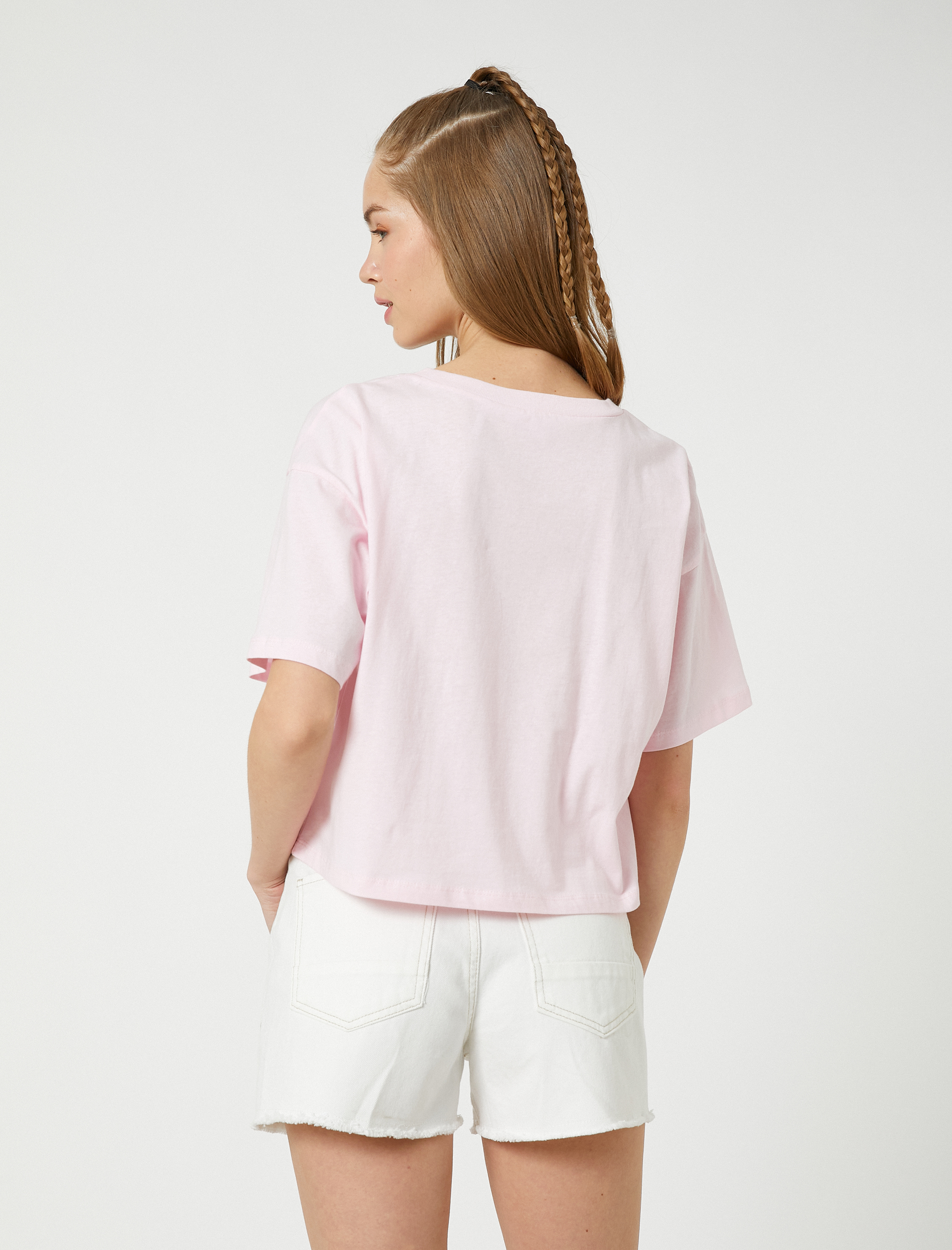   Crop Tişört Baskılı Bisiklet Yaka Kısa Kollu