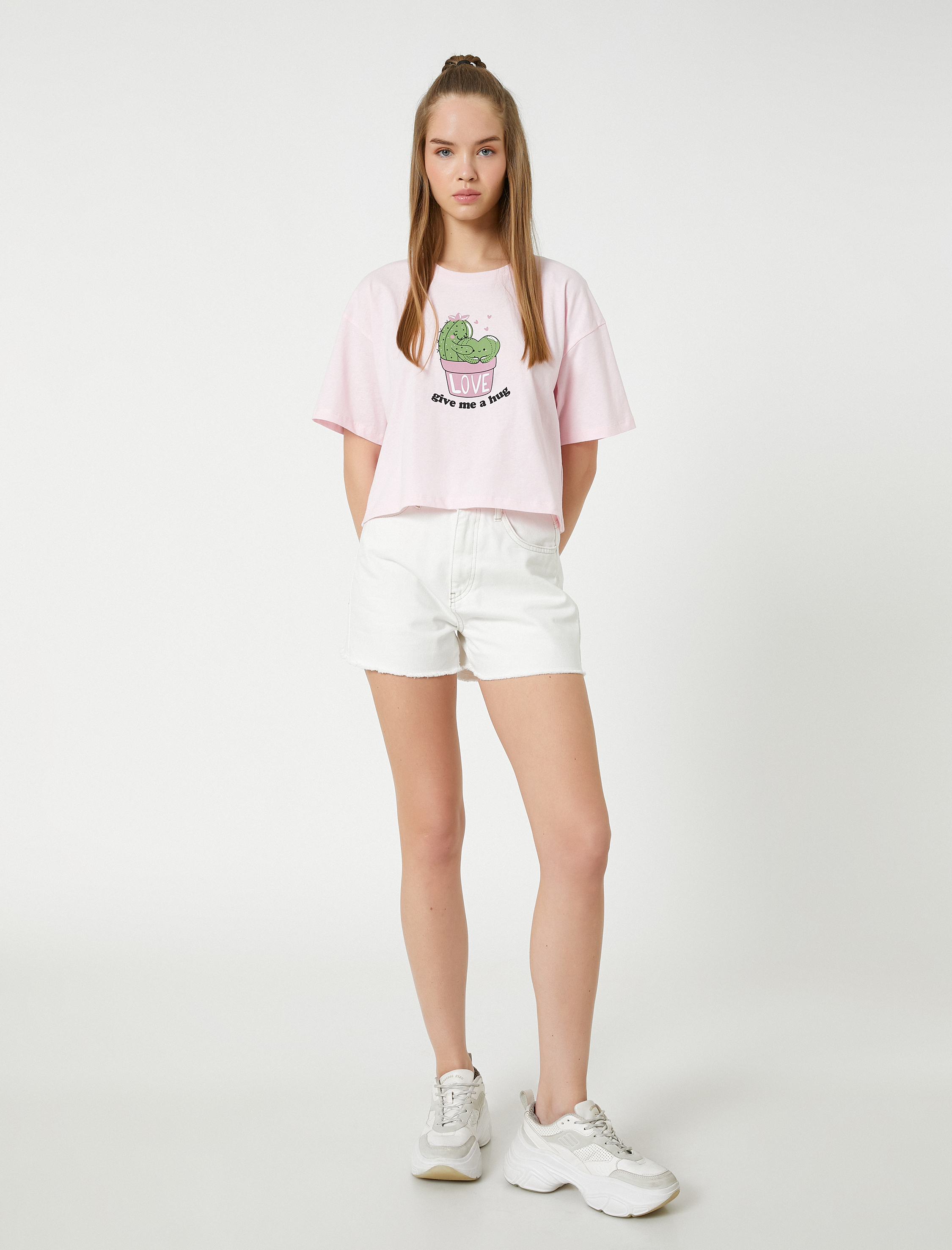   Crop Tişört Baskılı Bisiklet Yaka Kısa Kollu