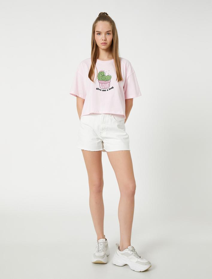  Crop Tişört Baskılı Bisiklet Yaka Kısa Kollu