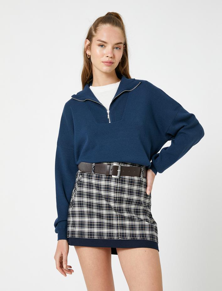  Yarım Fermuarlı Triko Kazak Dik Yaka Ribanalı Viskon Karışımlı