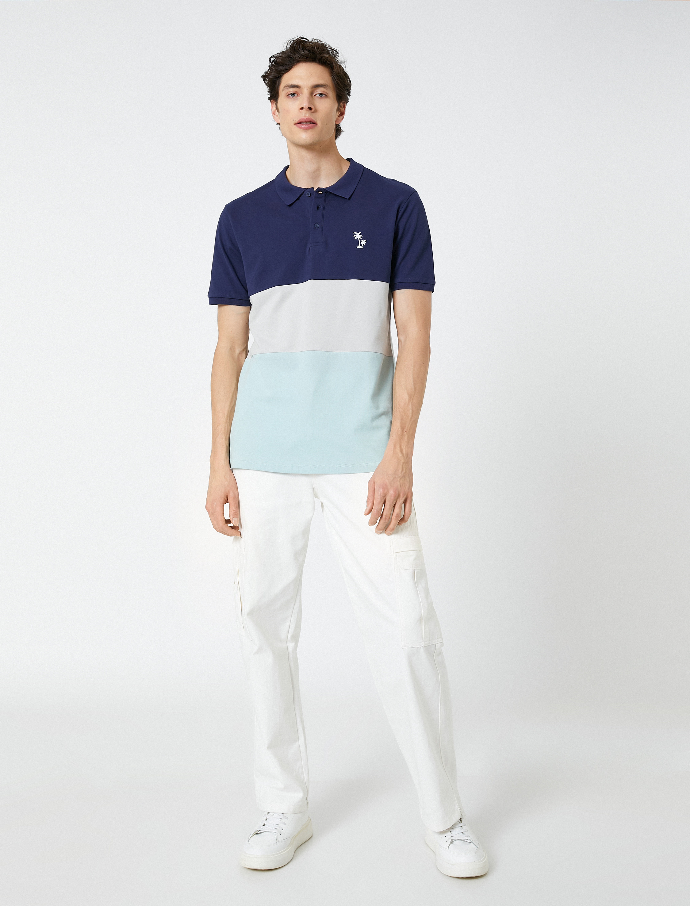   Polo Yaka Tişört Palmiye Baskılı Düğmeli Renk Bloklu Kısa Kollu