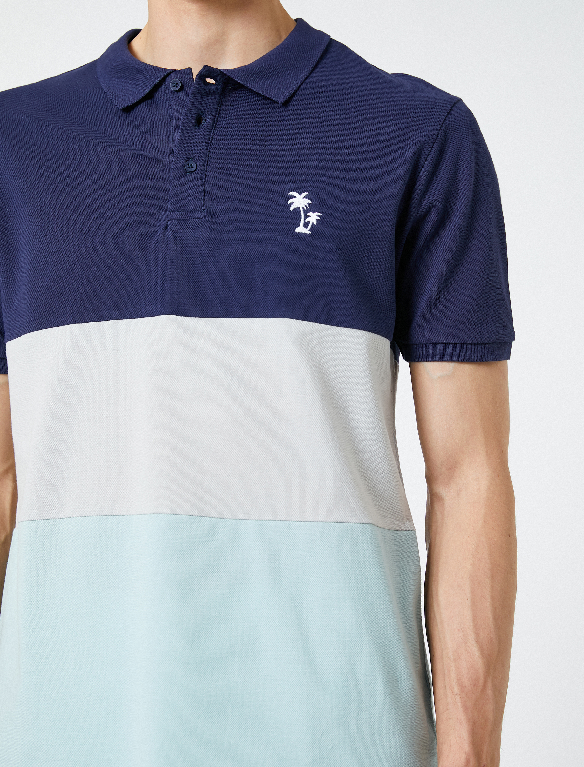   Polo Yaka Tişört Palmiye Baskılı Düğmeli Renk Bloklu Kısa Kollu