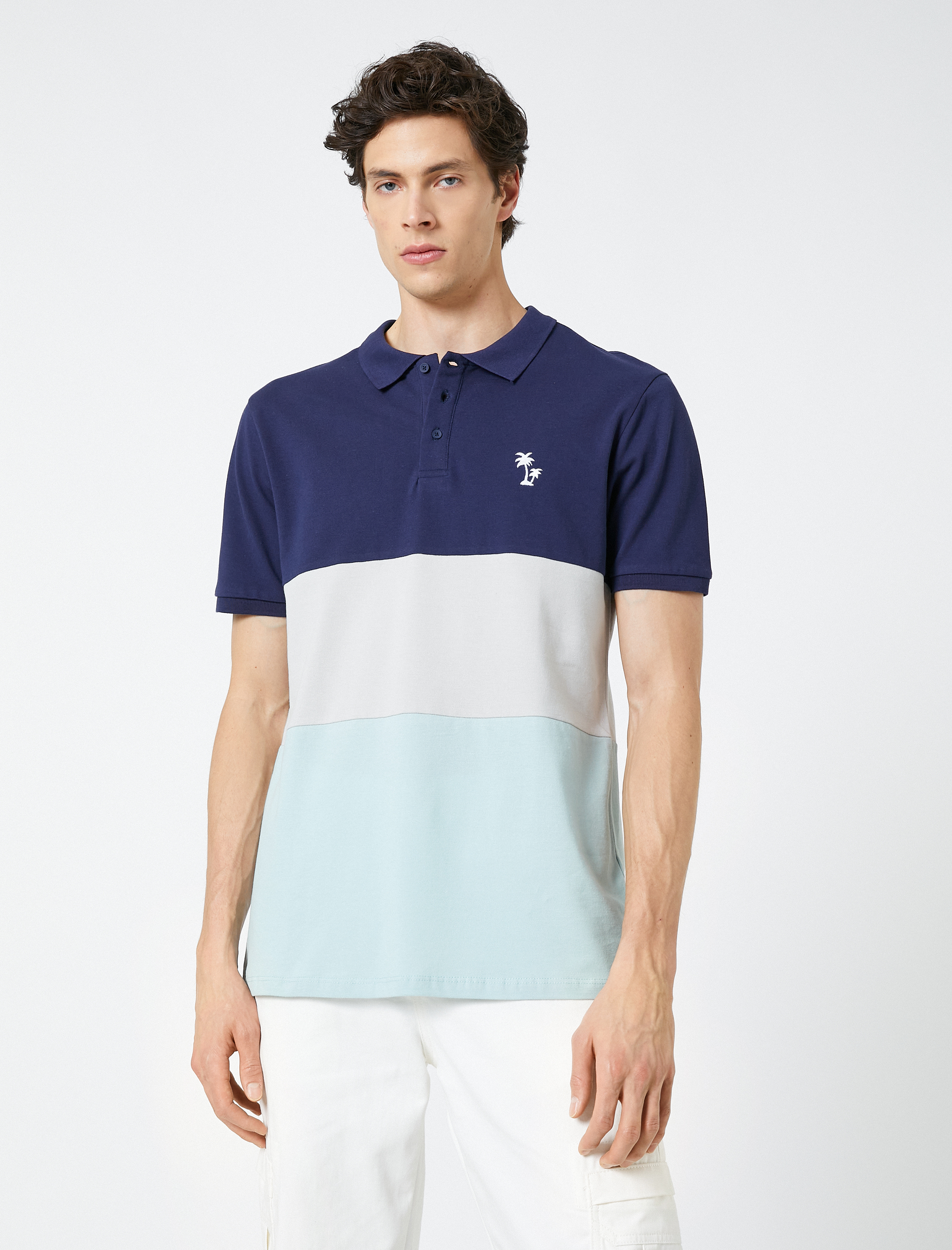   Polo Yaka Tişört Palmiye Baskılı Düğmeli Renk Bloklu Kısa Kollu