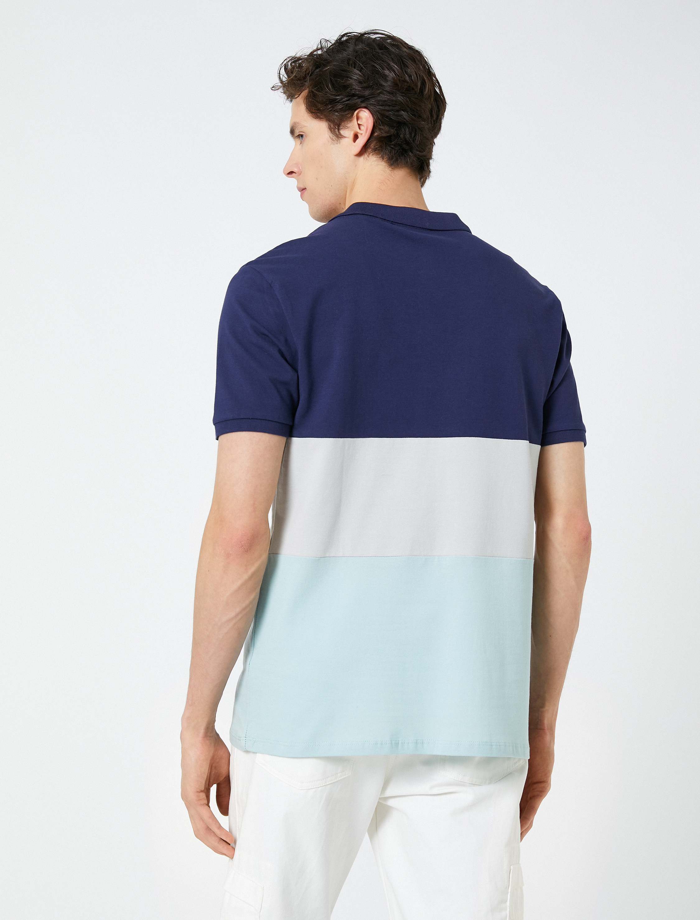   Polo Yaka Tişört Palmiye Baskılı Düğmeli Renk Bloklu Kısa Kollu