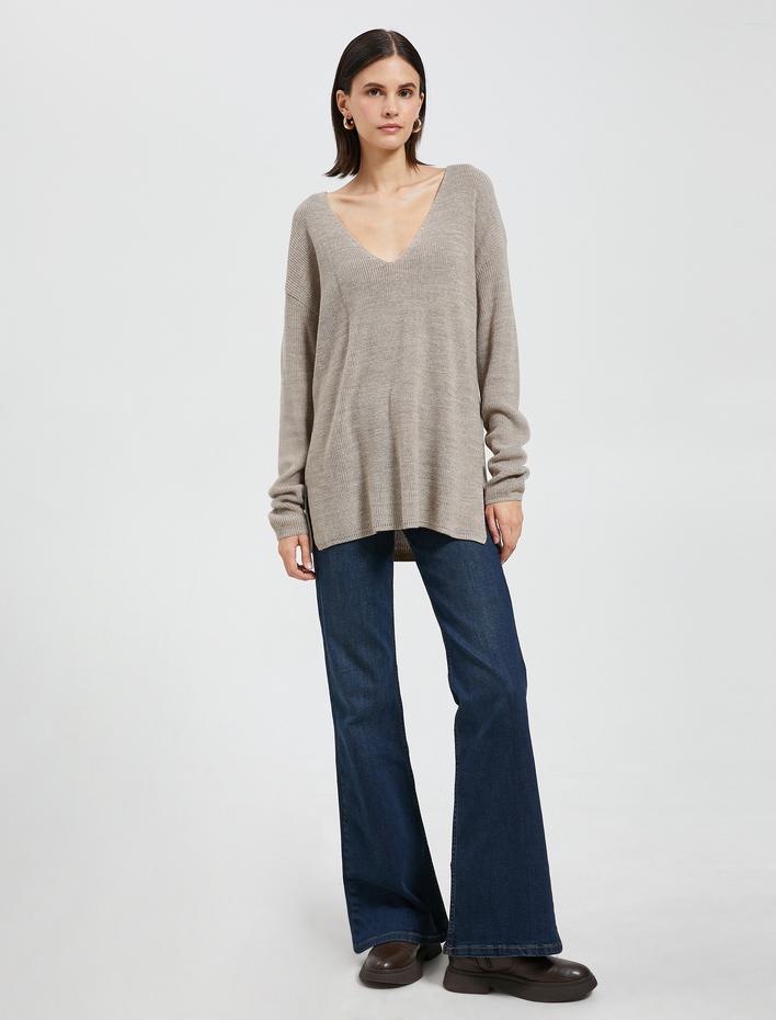  V Yaka Süveter Oversize Uzun Kollu Kaşmir Dokulu