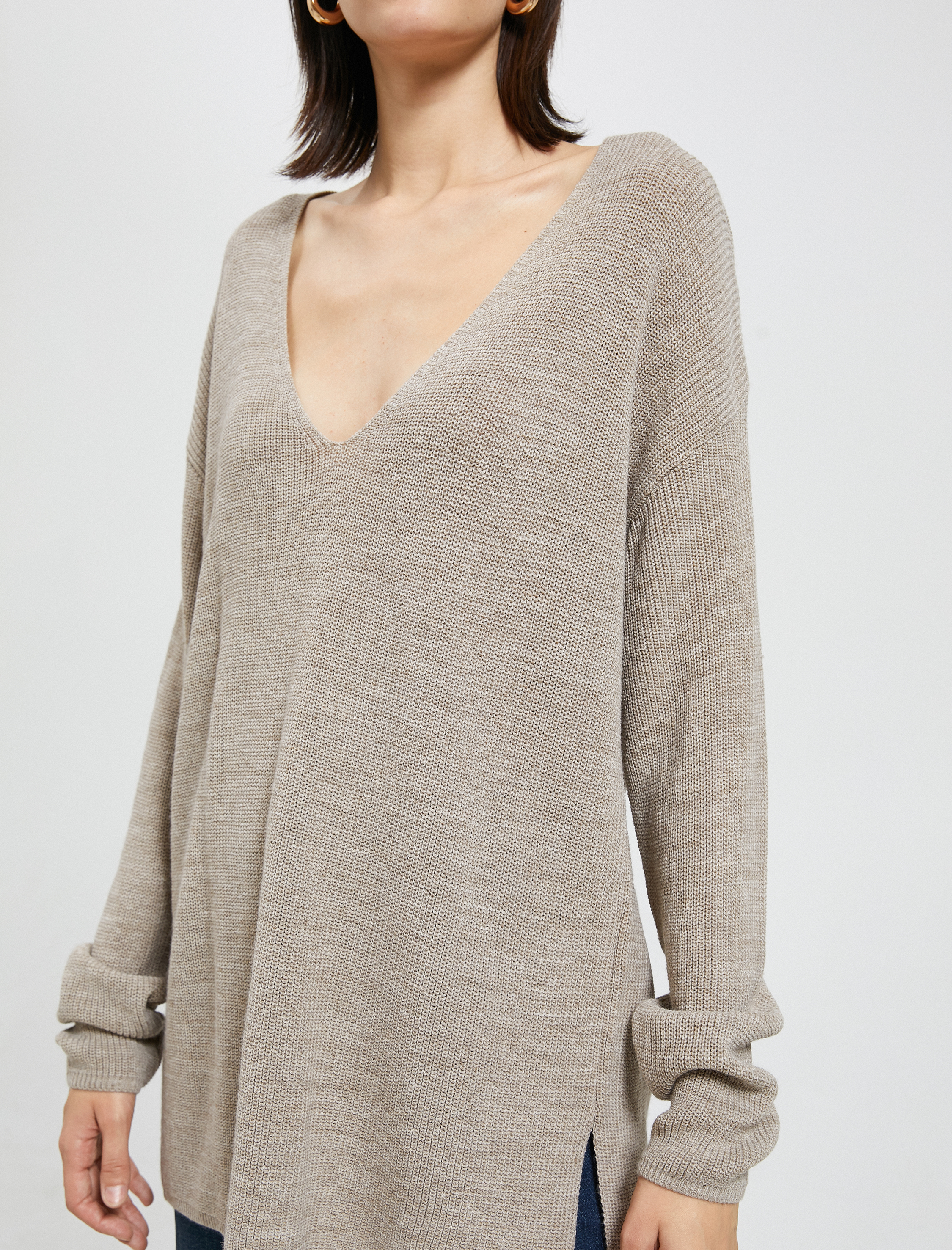   V Yaka Süveter Oversize Uzun Kollu Kaşmir Dokulu