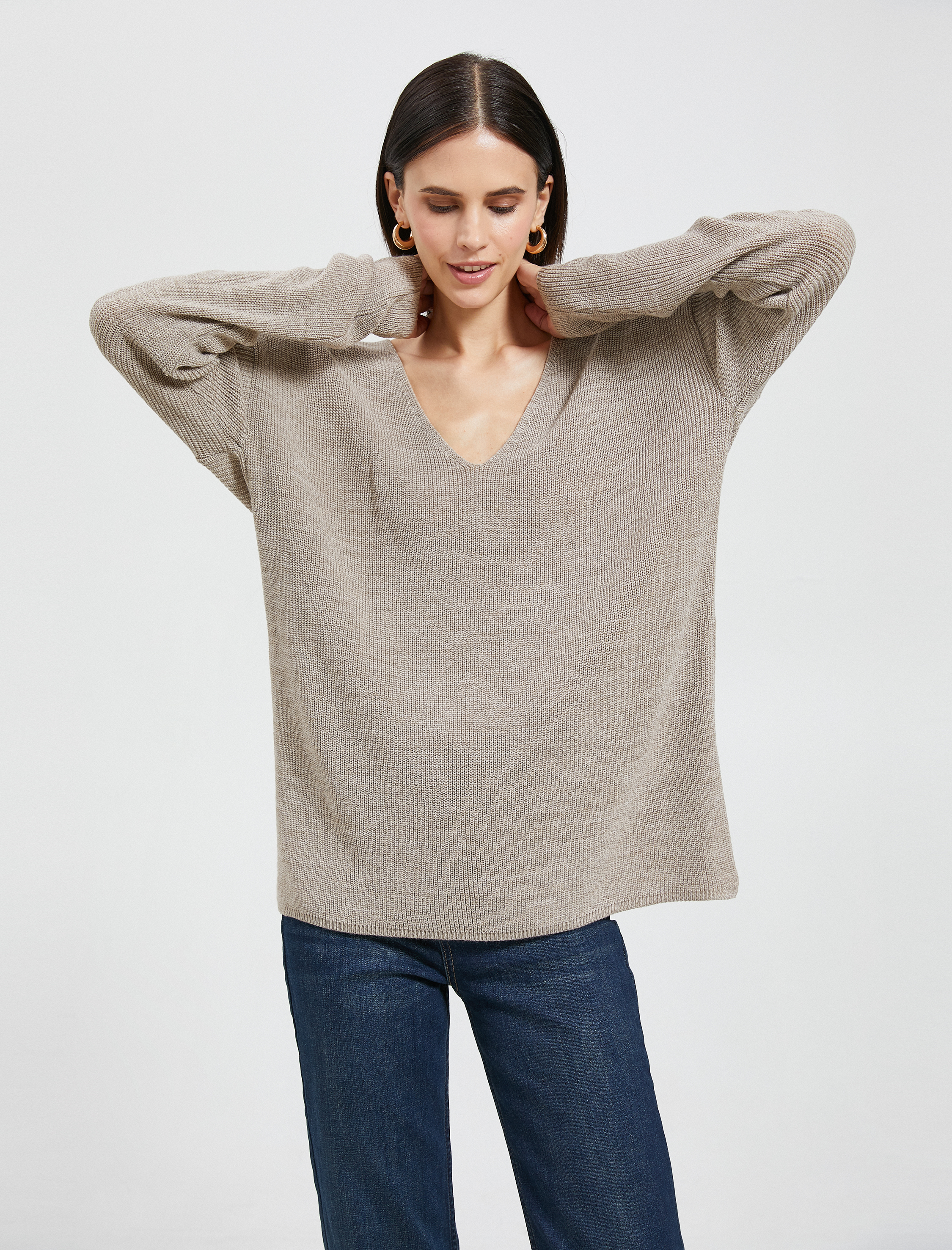   V Yaka Süveter Oversize Uzun Kollu Kaşmir Dokulu