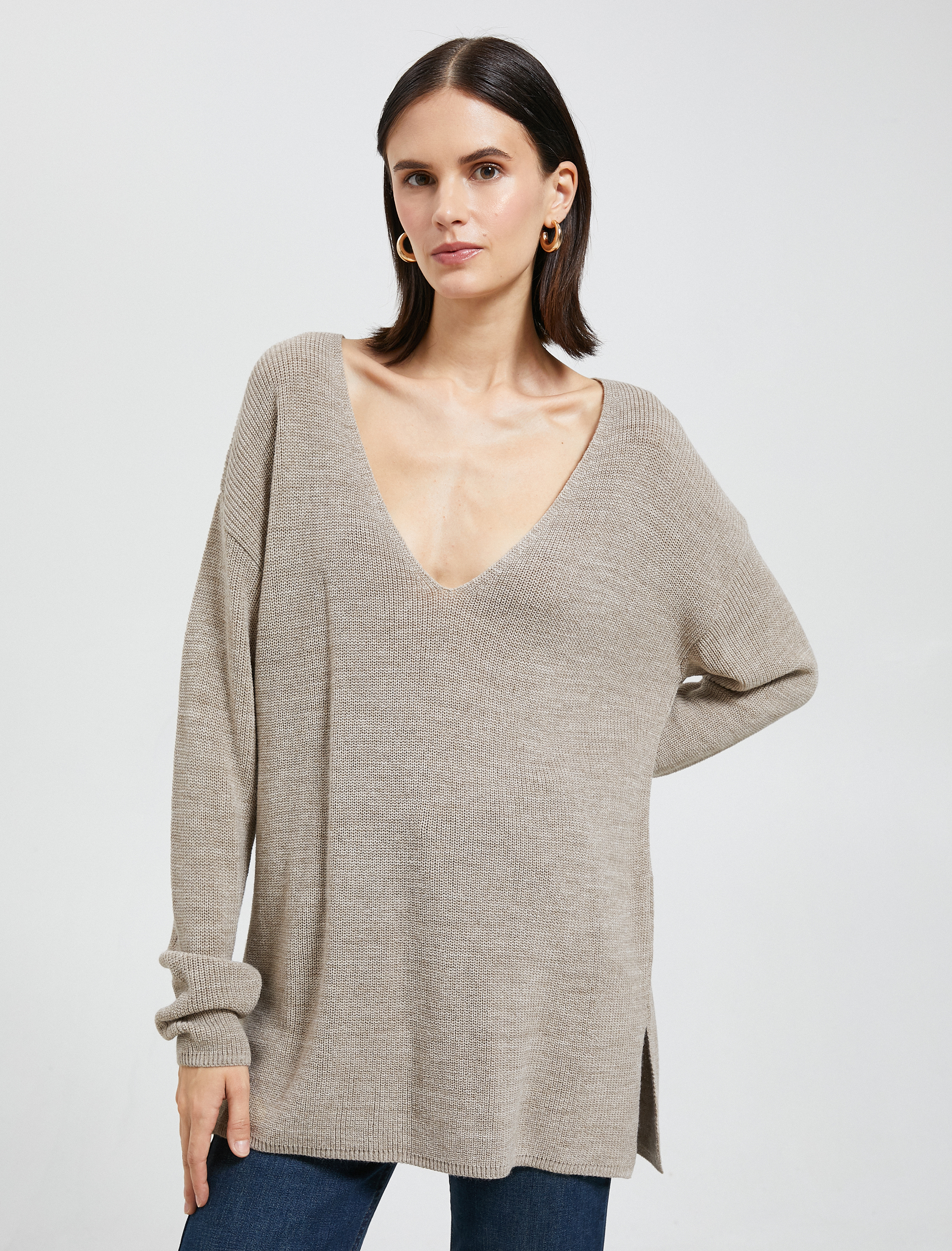   V Yaka Süveter Oversize Uzun Kollu Kaşmir Dokulu