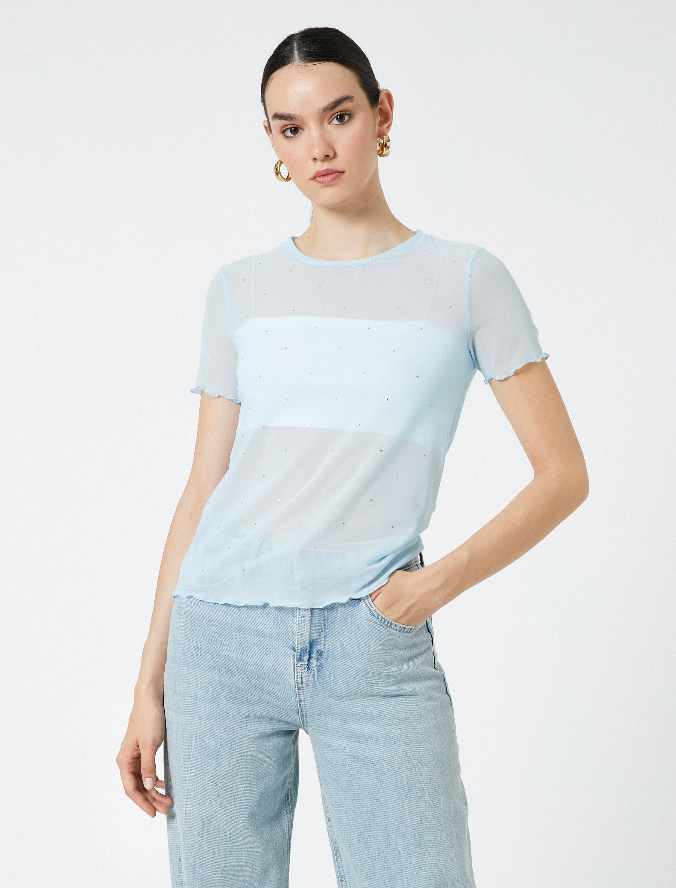   Transparan Tişört Taş Detaylı Kısa Kollu