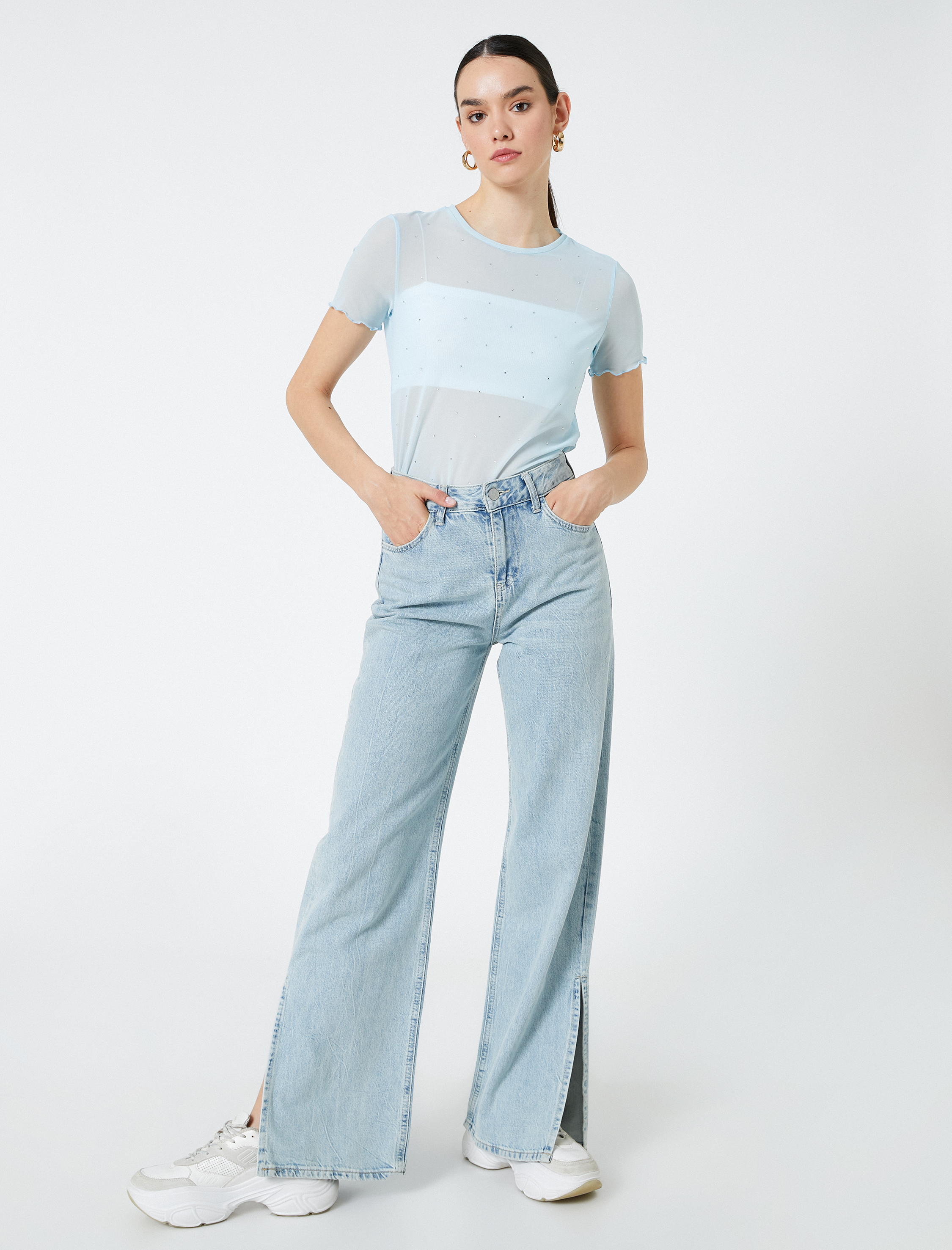   Transparan Tişört Taş Detaylı Kısa Kollu