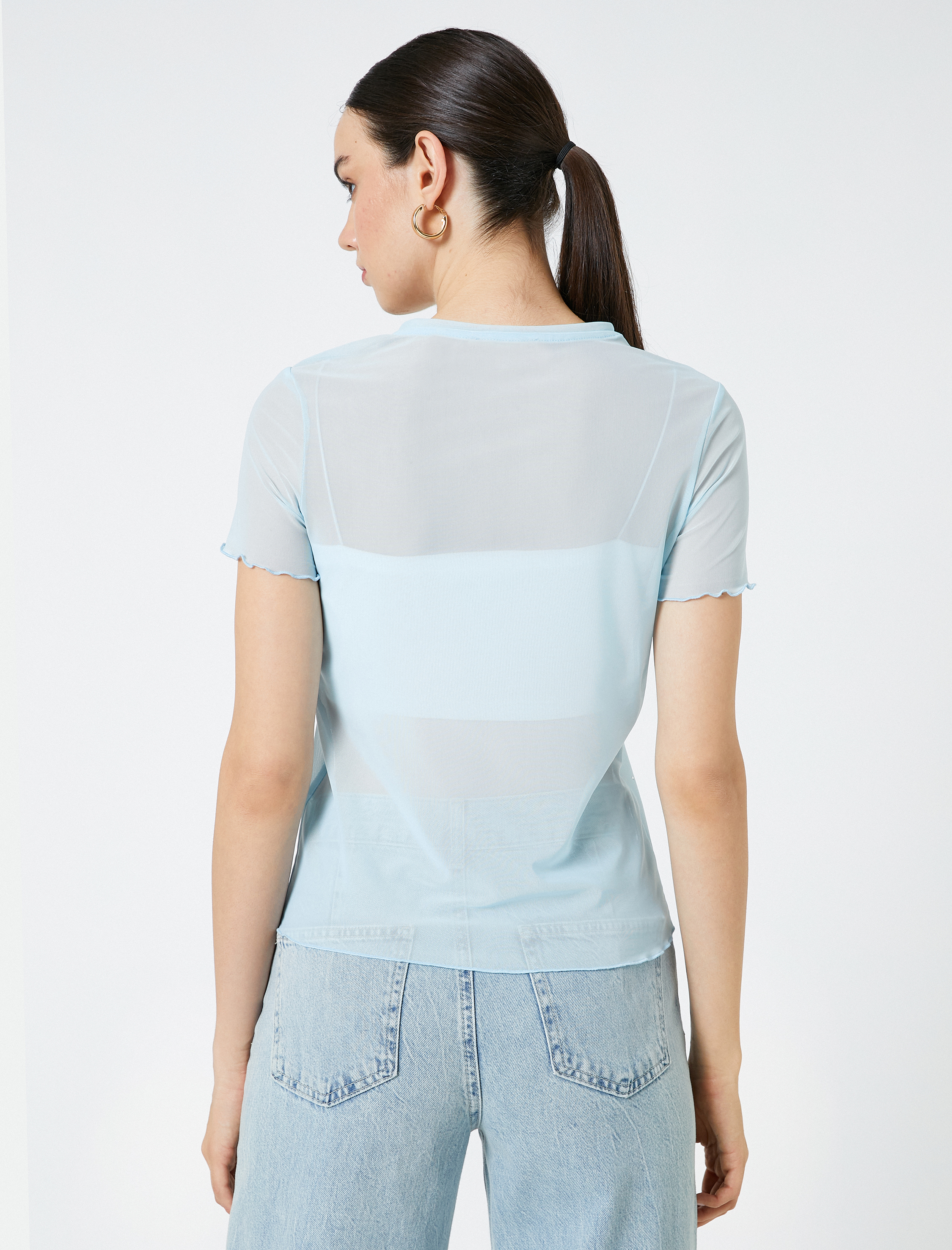   Transparan Tişört Taş Detaylı Kısa Kollu