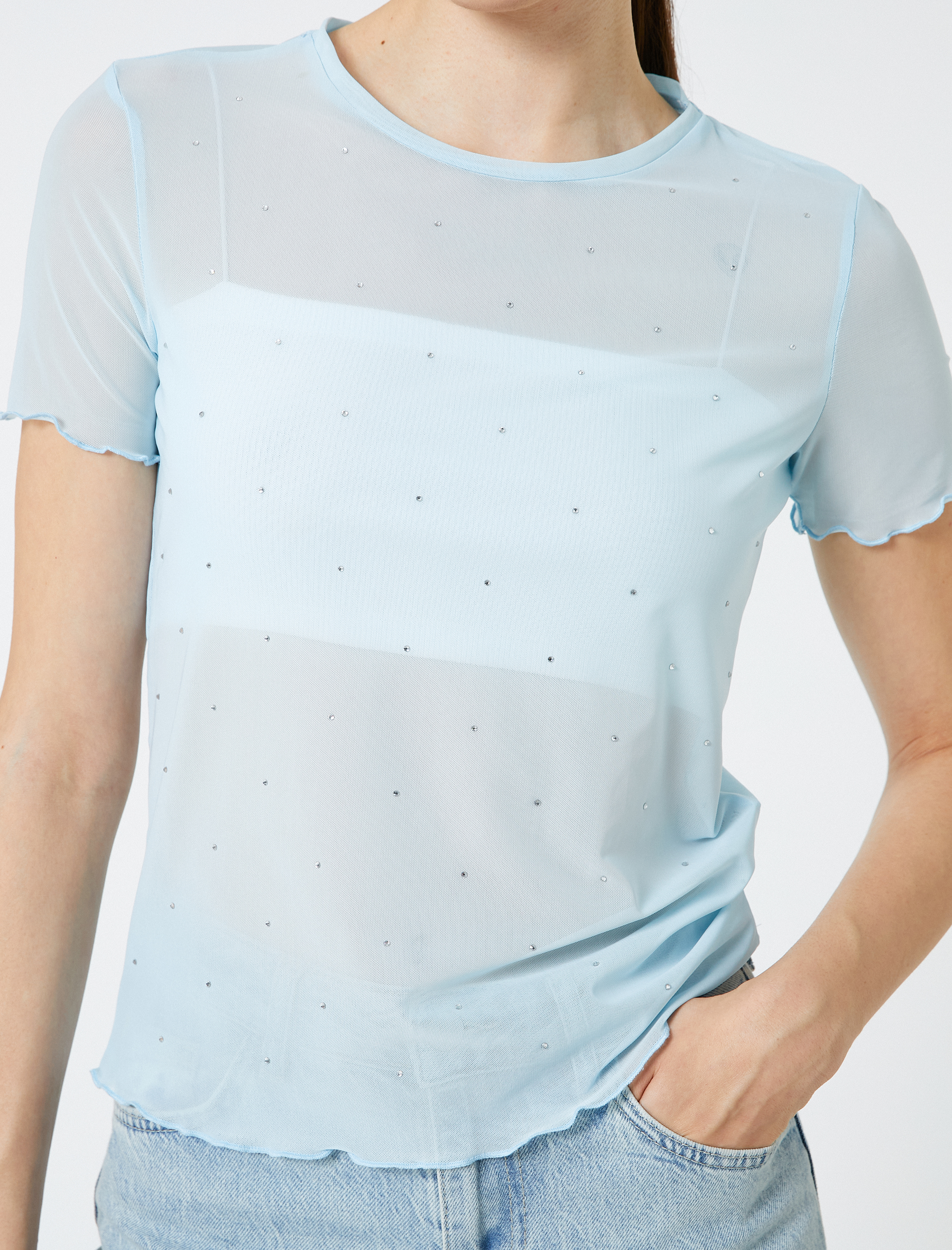   Transparan Tişört Taş Detaylı Kısa Kollu