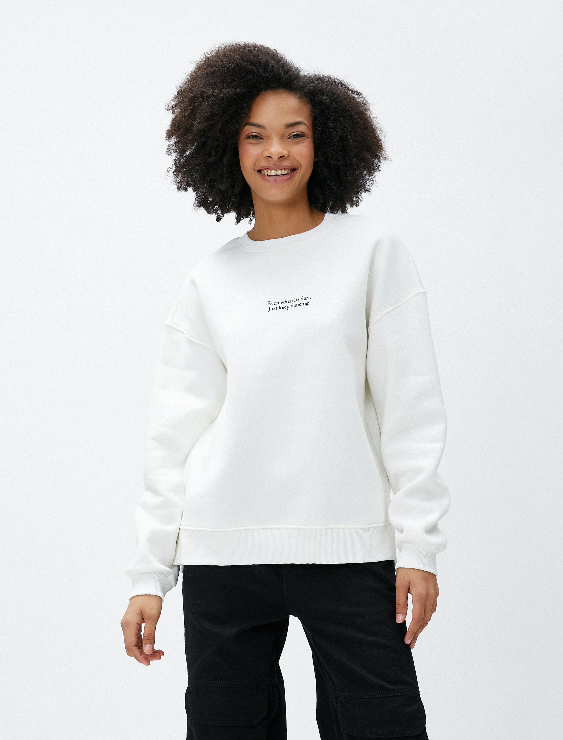   Şardonlu Bisiklet Yaka Sweatshirt Slogan Baskılı Uzun Kollu Ribanalı