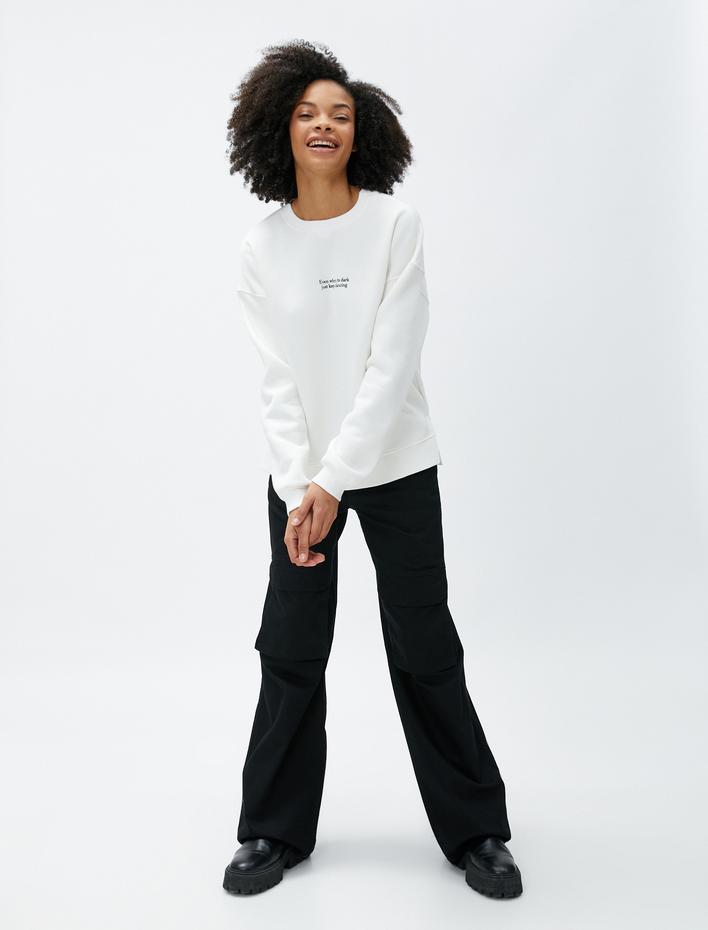  Şardonlu Bisiklet Yaka Sweatshirt Slogan Baskılı Uzun Kollu Ribanalı