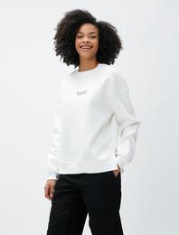 Şardonlu Bisiklet Yaka Sweatshirt Slogan Baskılı Uzun Kollu Ribanalı