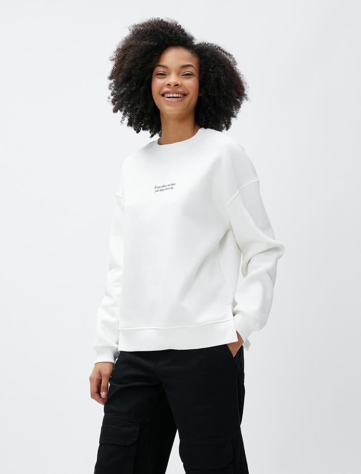  Şardonlu Bisiklet Yaka Sweatshirt Slogan Baskılı Uzun Kollu Ribanalı