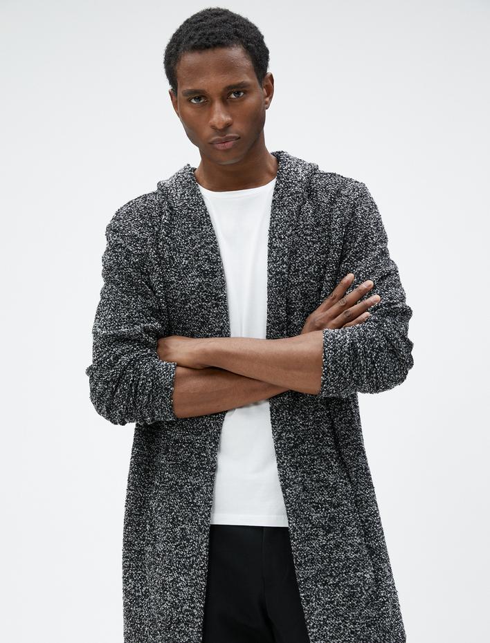  Uzun Kapüşonlu Hırka Dokulu Cep Detaylı