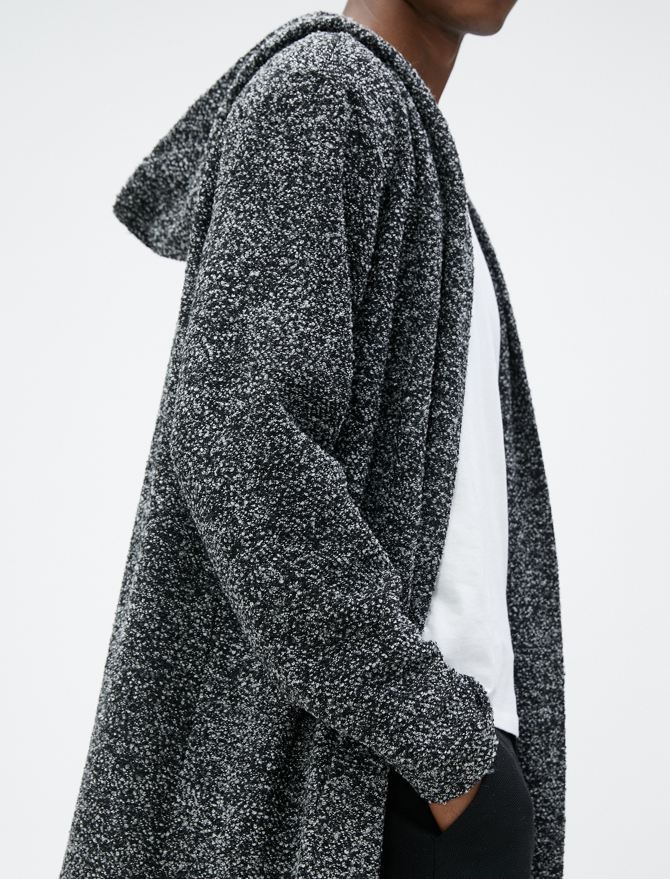   Uzun Kapüşonlu Hırka Dokulu Cep Detaylı