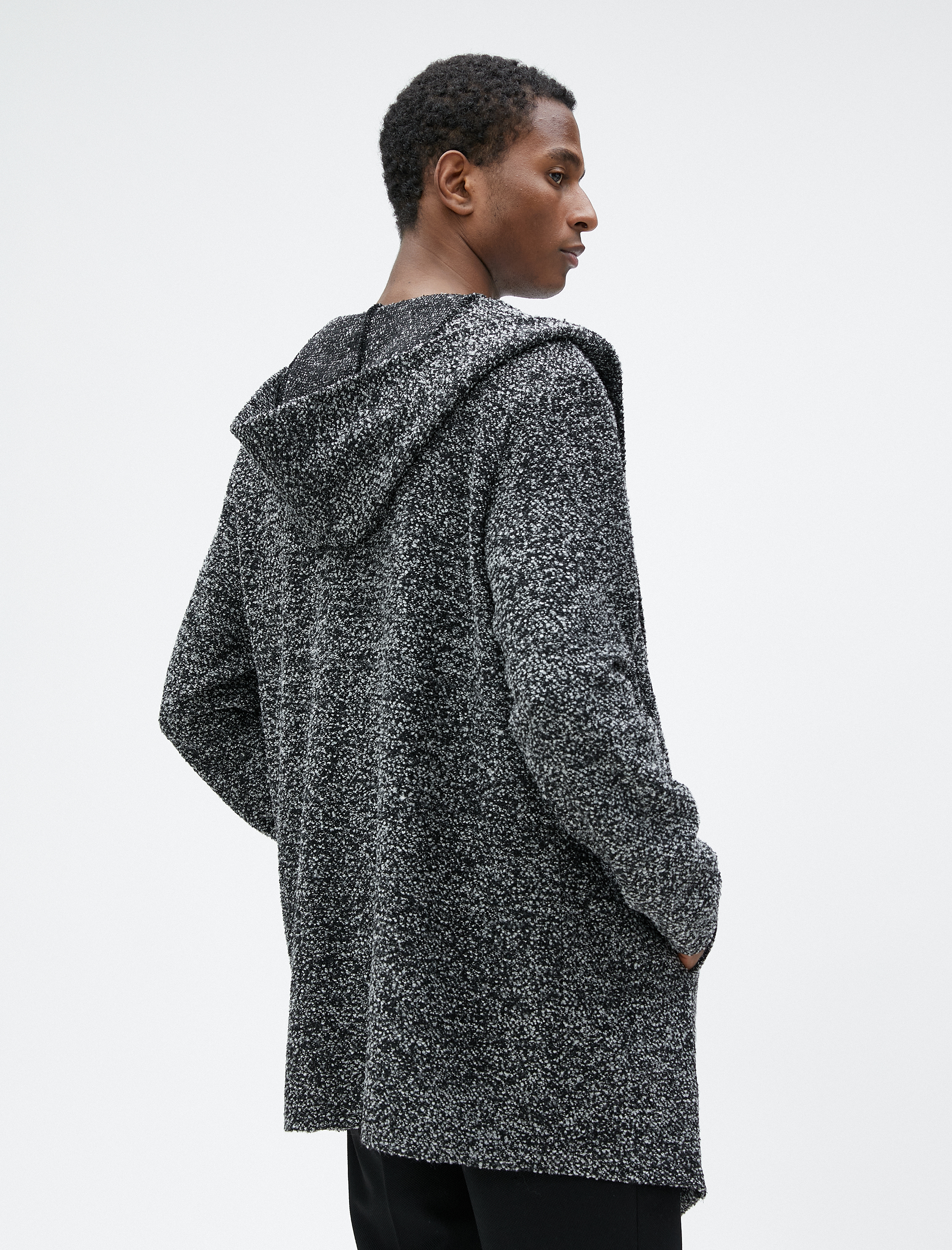   Uzun Kapüşonlu Hırka Dokulu Cep Detaylı