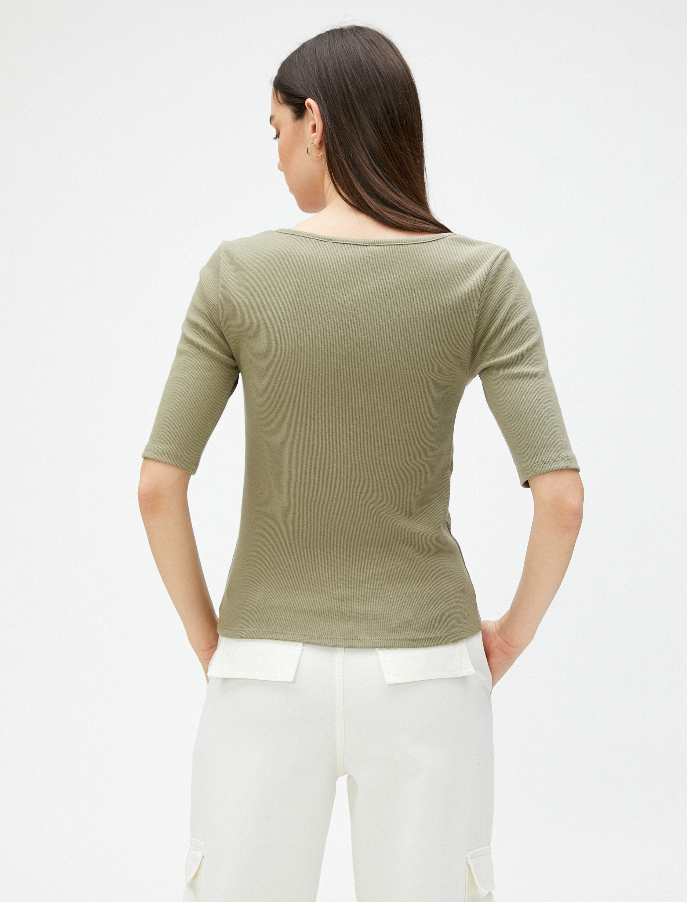   Büzgü Detaylı Tişört V Yaka Kısa Kollu