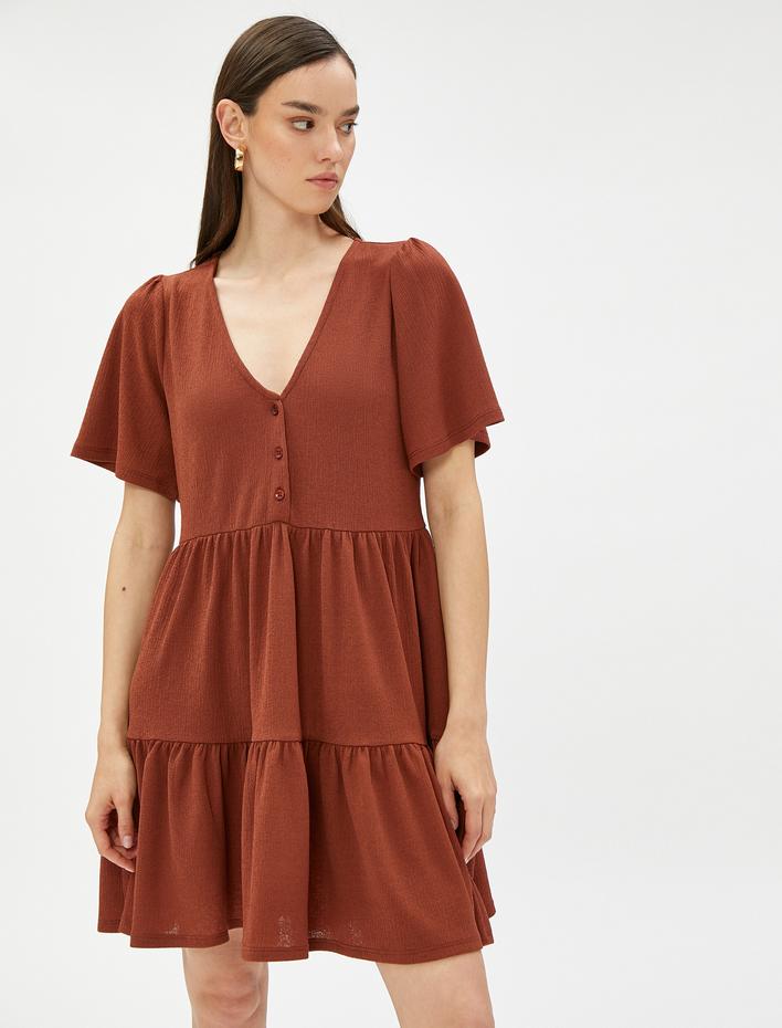  Katlı Kısa Elbise V Yaka Kısa Kollu