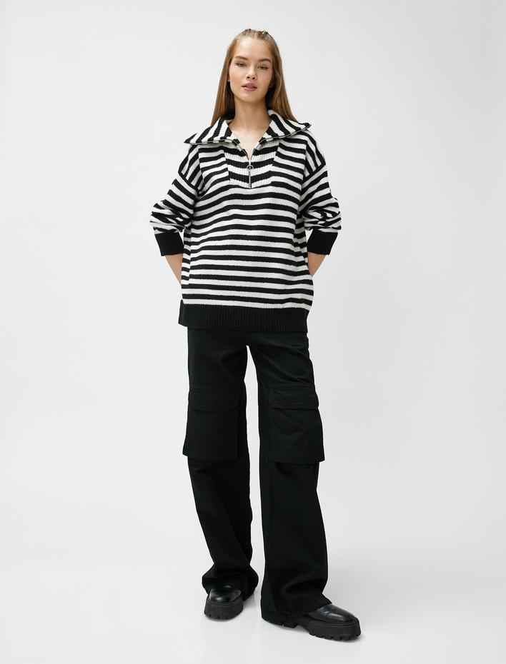  Dik Yaka Triko Kazak Fermuarlı Ribanalı Uzun Kollu