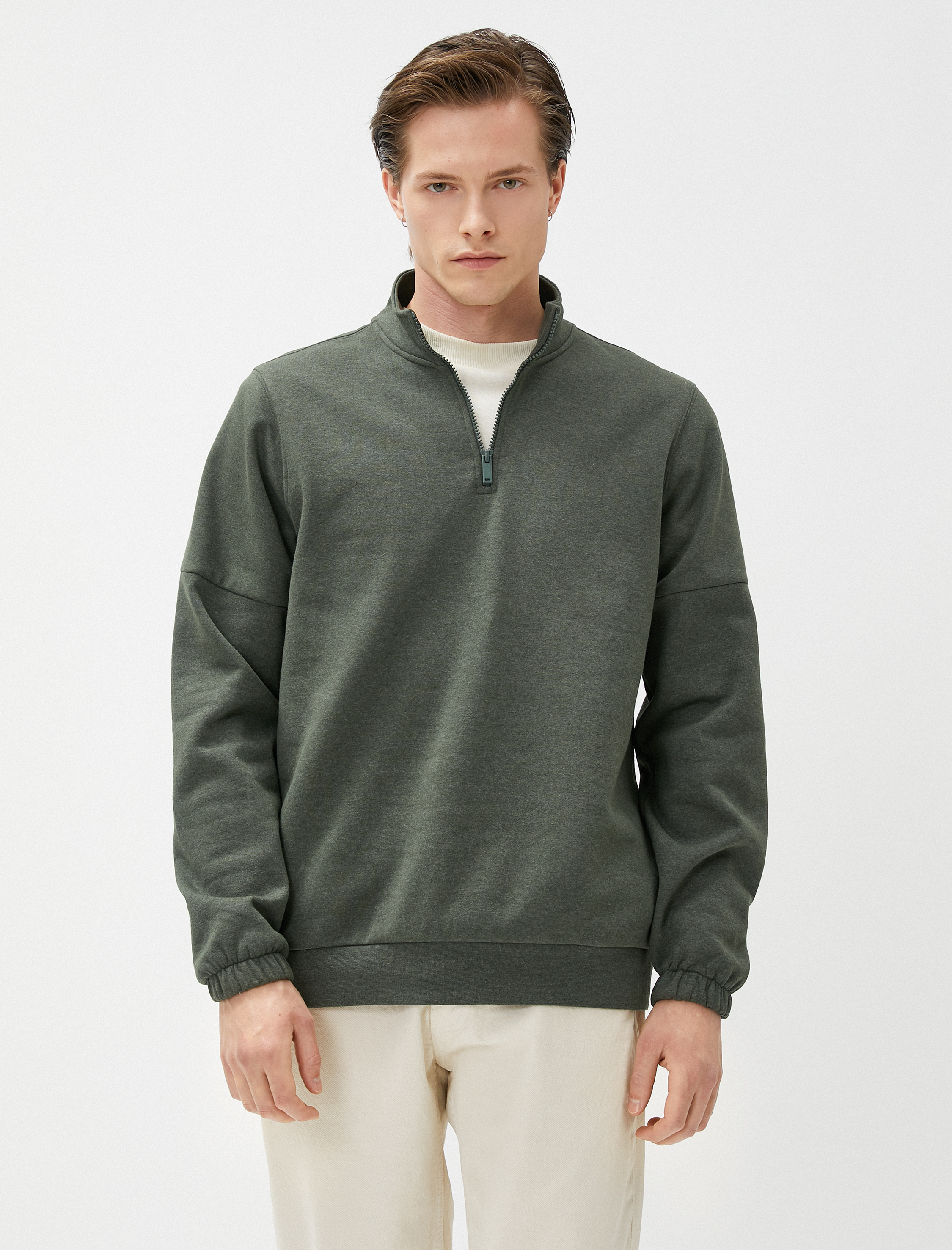   Basic Sweat Yarım Fermuarlı Dik Yaka Uzun Kollu Şardonlu