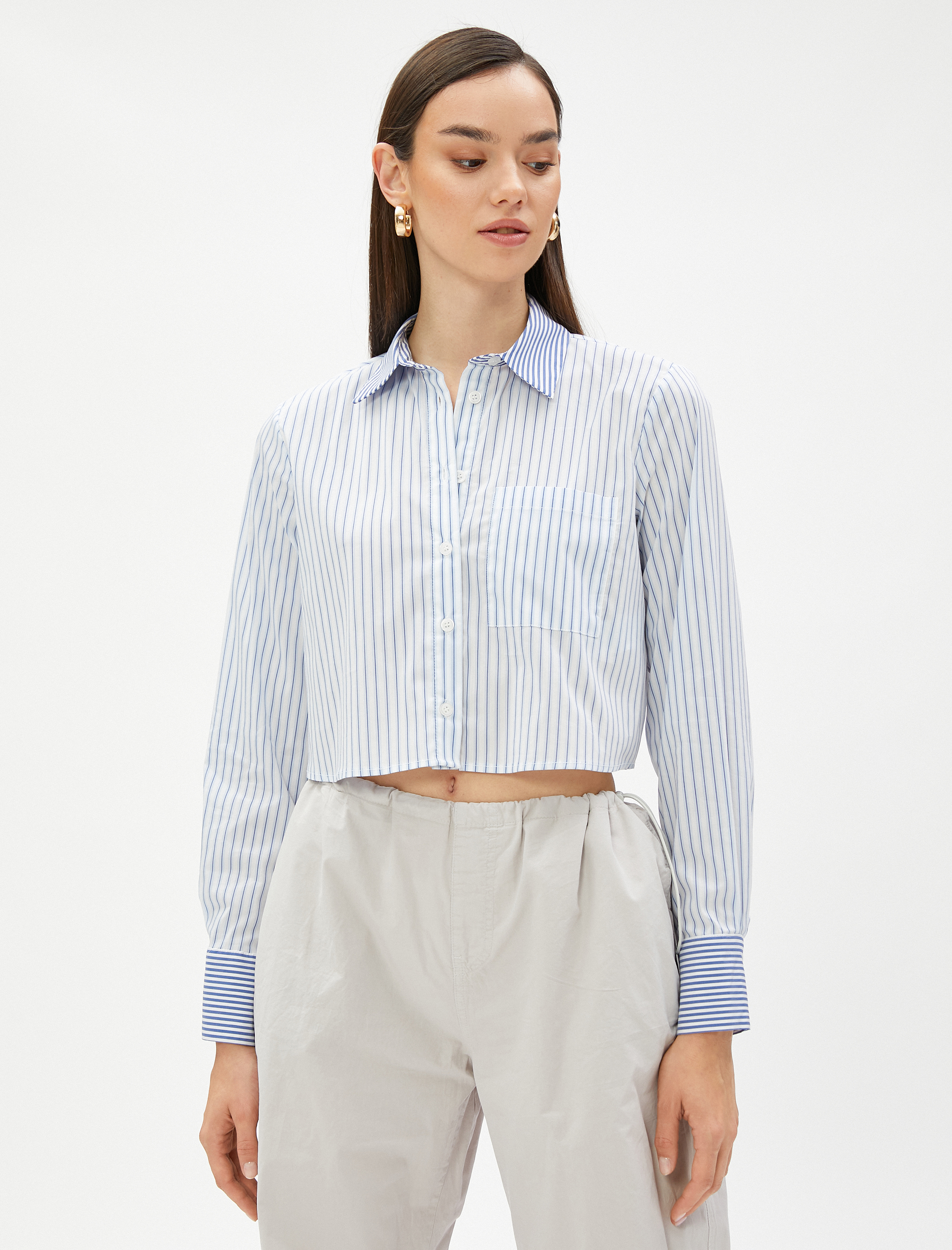   Crop Gömlek Cep Detaylı Pamuklu