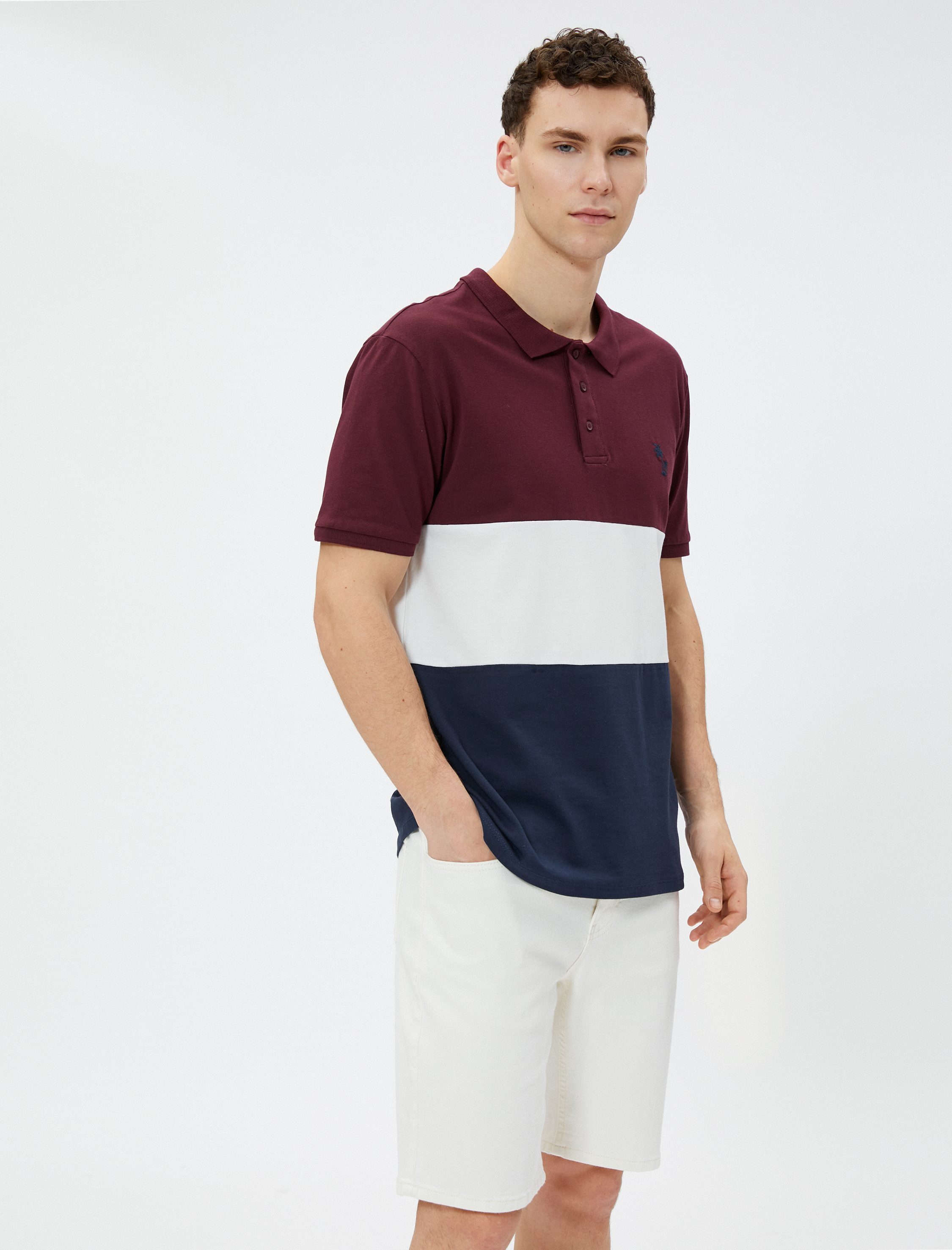   Polo Yaka Tişört Palmiye Baskılı Düğmeli Renk Bloklu Kısa Kollu