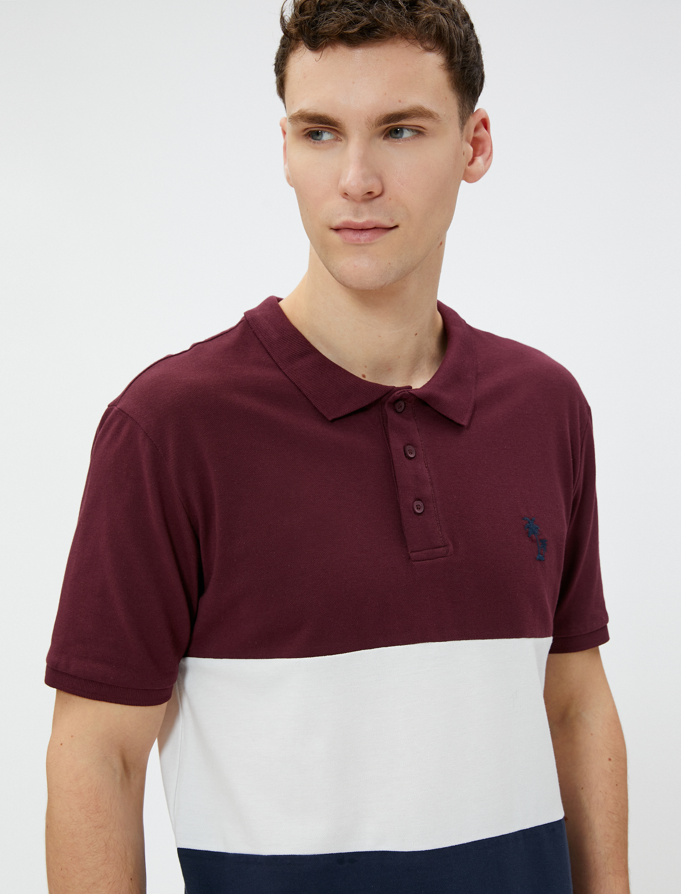   Polo Yaka Tişört Palmiye Baskılı Düğmeli Renk Bloklu Kısa Kollu