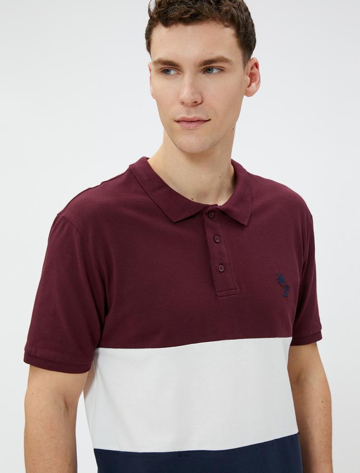  Polo Yaka Tişört Palmiye Baskılı Düğmeli Renk Bloklu Kısa Kollu