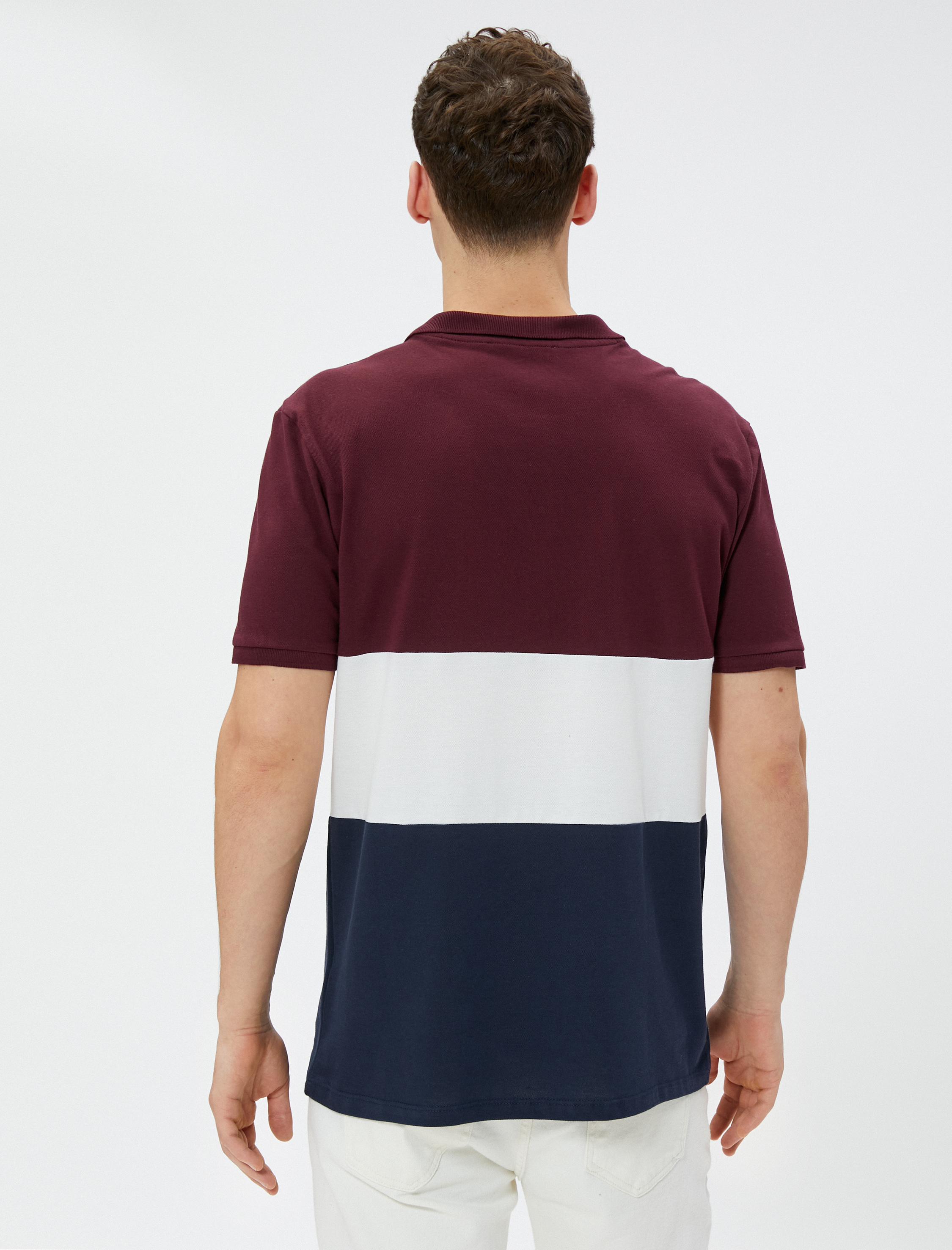   Polo Yaka Tişört Palmiye Baskılı Düğmeli Renk Bloklu Kısa Kollu